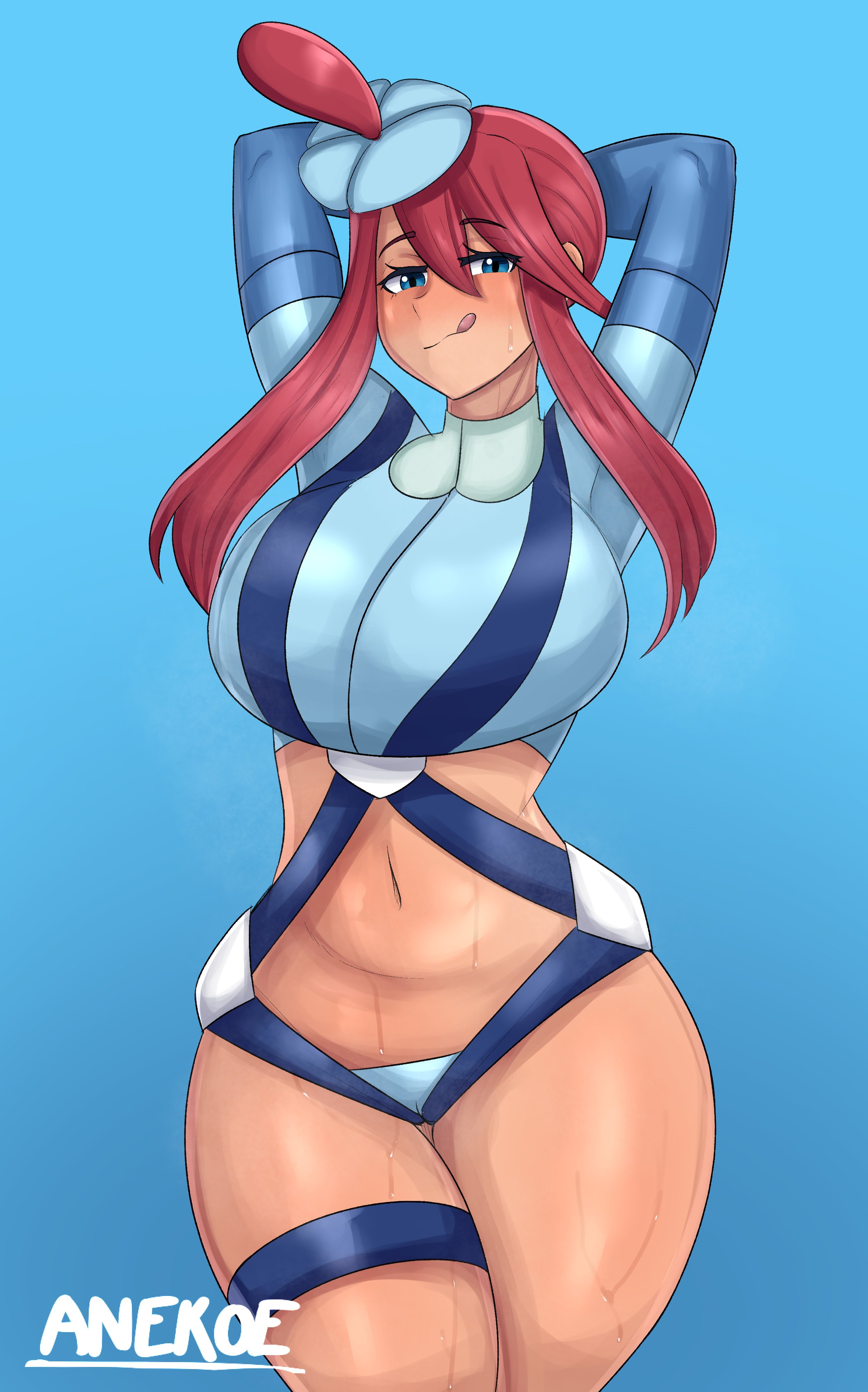 1girls, anekoe98, arms up, female, pokemon, pokemon bw, skyla (pokemon), tagme, thick thighs