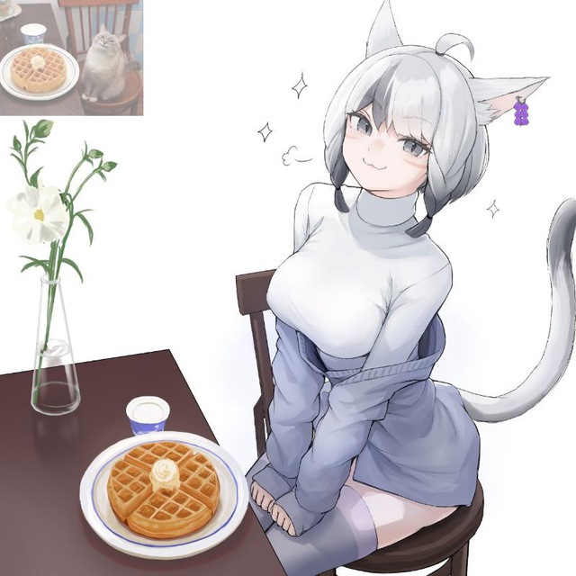 :3 big_breasts cat_girl grey_eyes tail waffle