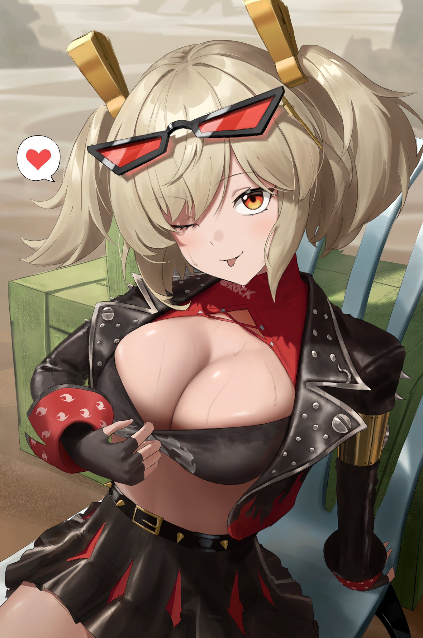 1girls, big breasts, blep, blonde female, blonde hair, breasts, burnice white, female, huge breasts, mostly clothed, onaka itai, sweat, sweating, tagme, tease, teasing, zenless zone zero
