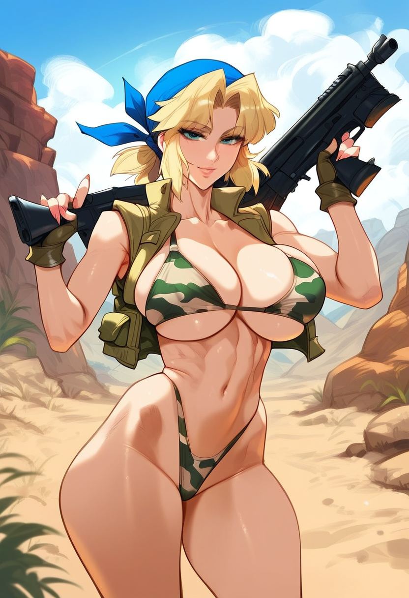 2d ai_generated bandana bikini blonde_hair camouflage eri_kasamoto female female_focus female_only gloves gun highleg metal_slug outdoors solo solo_female solo_focus tagme