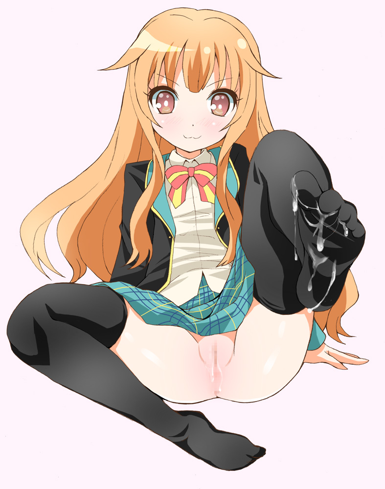 :3 amatsuka_mao_(gj-bu) arm_support black_legwear blazer censored cum cum_on_body cum_on_lower_body feet female gj-bu long_hair no_panties no_shoes orange_hair plaid plaid_skirt pui_fjgh purple_eyes pussy pussy_juice school_uniform simple_background sitting skirt soles solo thighhighs toes wet wet_pussy