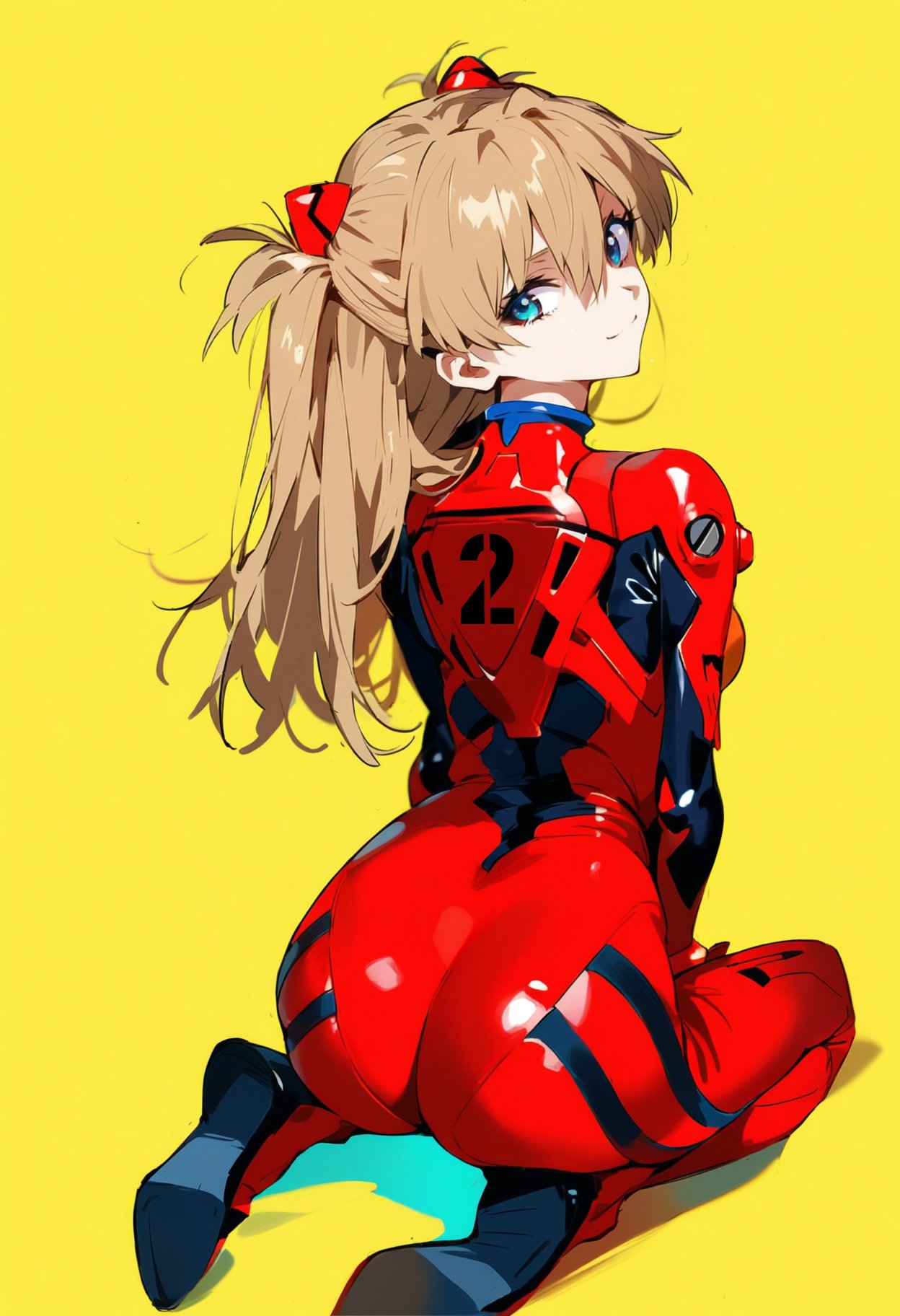 1girls ai_generated ass ass_focus asuka_langley_sohryu booty full_body kneeling looking_back neon_genesis_evangelion orange_hair plugsuit shoppy smile soles yellow_background