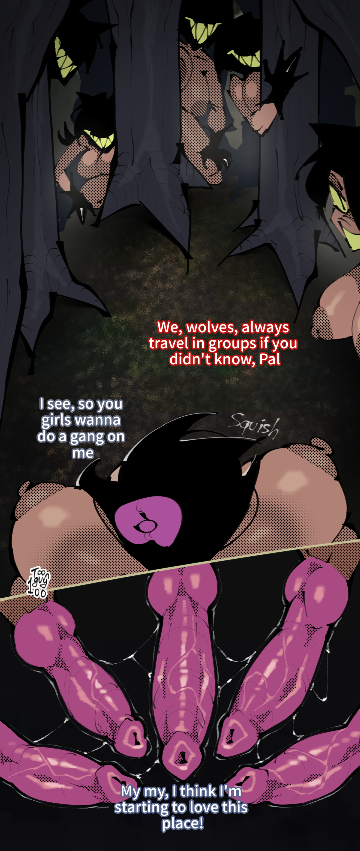 animal_genitalia anthro breast_squeeze comic forest furry futa_on_futa futa_only futanari hatgirl_(toonguy100) imminent_rape imminent_sex knot knotted_penis leaking_cum leaking_precum original_character pov tan_body text toonguy100 wolf