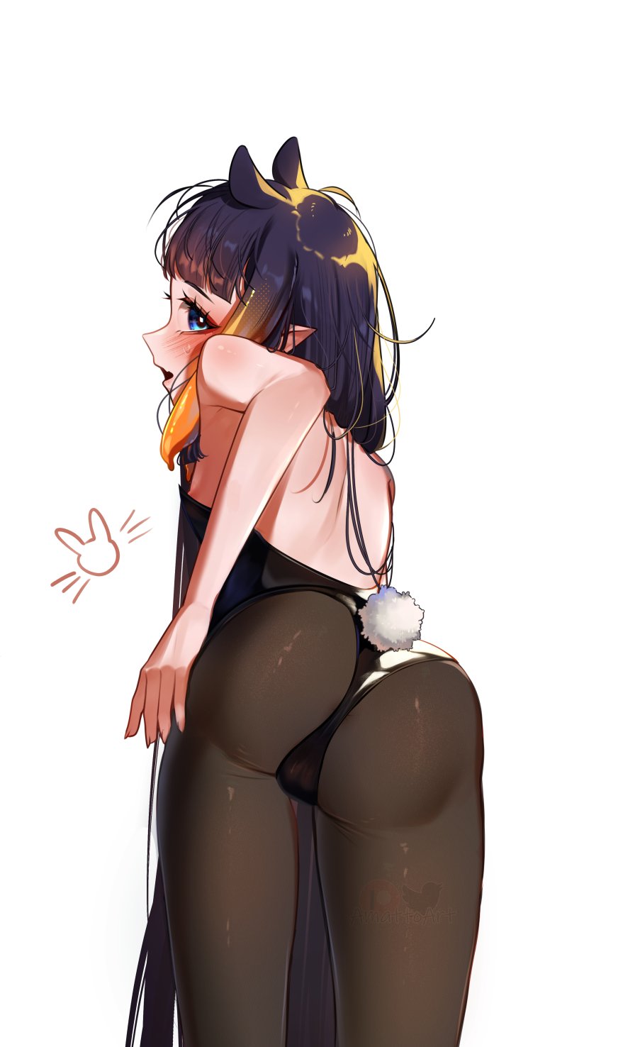 amatto ass blush bunny_girl bunny_tail bunnysuit cameltoe hololive hololive_english hololive_myth looking_at_viewer looking_back ninomae_ina'nis pantyhose thick_thighs thigh_gap thighs virtual_youtuber vtuber