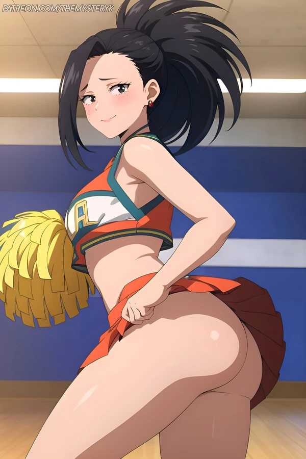 1girls, ai generated, ass, boku no hero academia, cheerleader, female, momo yaoyorozu, my hero academia, no bra, skirt up, smile, solo