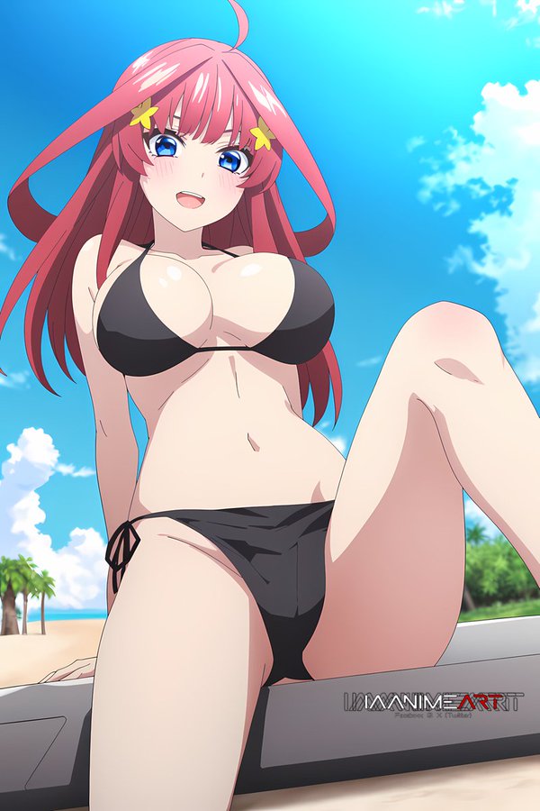 ai_generated belly_button bikini blue_eyes breasts busty go-toubun_no_hanayome nakano_itsuki pointy_chin red_hair slim_waist stomach swimsuit water