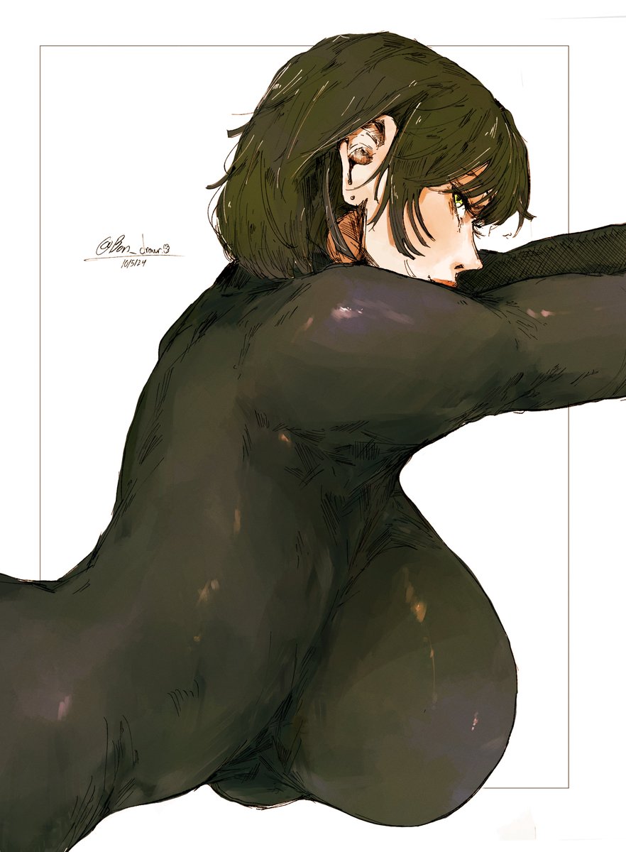 bon drawr, breasts, female, fubuki (one-punch man), fully clothed, green eyes, large breasts, not porn, one-punch man, skin tight, tight clothing