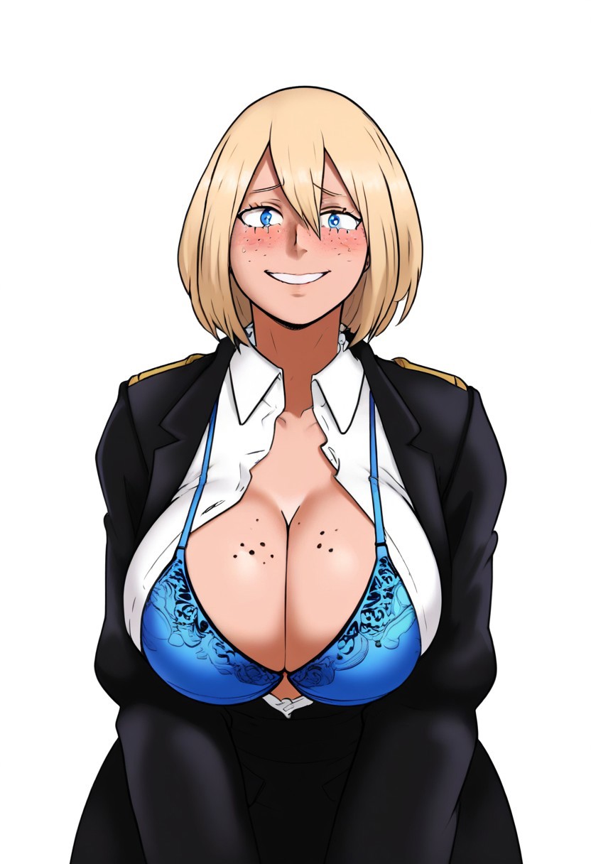 ai_generated bra bunanza_ cleavage cleavage_overflow female hourglass_figure my_hero_academia shirt solo suit tagme tagme_(character) trousers unknown_character wide_hwid