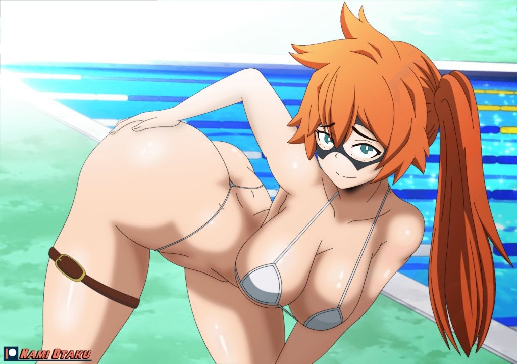 1girls ass bangs bent_over big_ass big_breasts bikini bikini_bottom bikini_bottom_only bikini_top bikini_top_only blunt_bangs cleavage dat_ass domino_mask female female_only green_eyes hand_on_ass hand_on_own_ass huge_ass itsuka_kendou kami_otaku kendou_itsuka large_breasts leg_strap legwear looking_at_viewer mask my_hero_academia orange_hair ponytail pool poolside posing smile standing tied_hair water white_bikini white_bikini_bottom white_bikini_only white_bikini_top