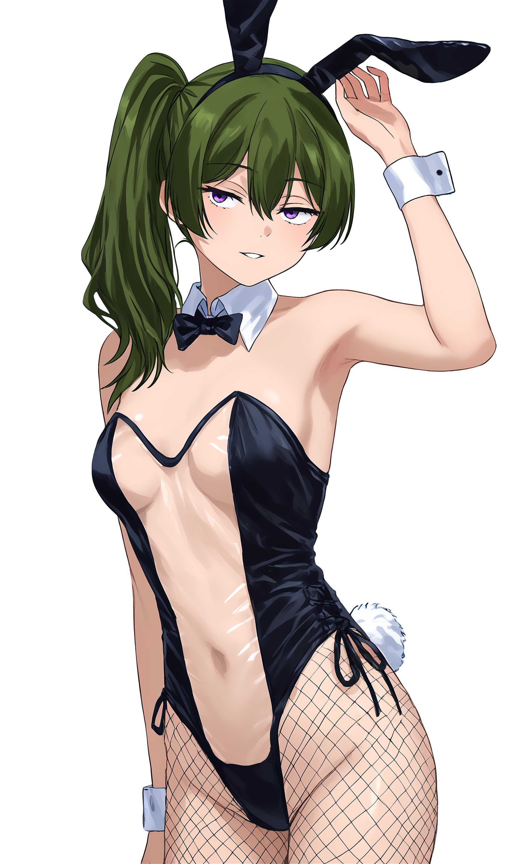 belly button, bunny ears, bunnysuit, exposed stomach, female, green hair, sexy armpits, sousou no frieren, stomach, ubel (sousou no frieren)