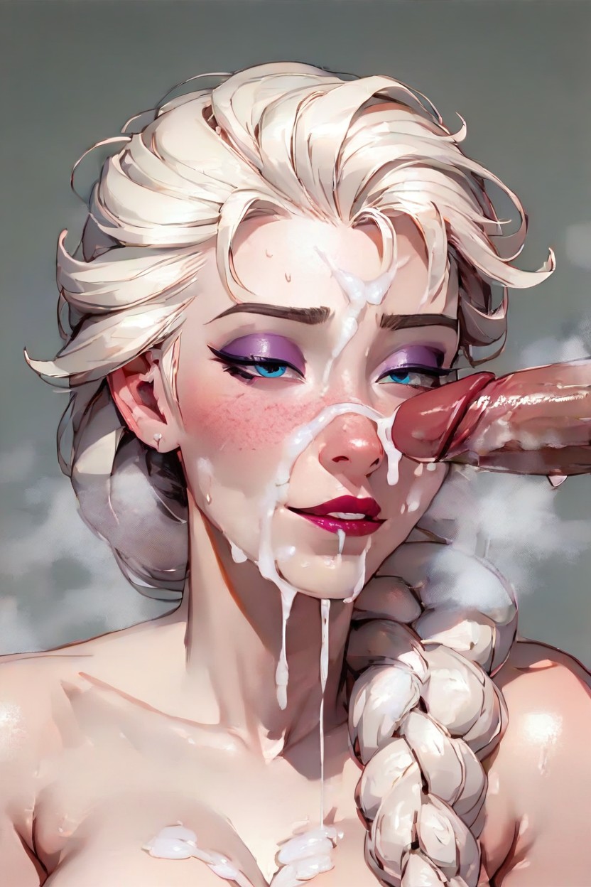 ai generated, biting lip, blonde female, blonde hair, blue eyes, braided hair, breasts, cock drunk, cum, cum on breasts, cum on face, disney, dripping cum, ejaculation, elsa (frozen), eyeshadow, facial, faprunner78, female, freckles, freckles on face, frozen (film), frozen 2, half lidded eyes, light skin, light-skinned female, lipstick, long hair, makeup, male, pale skin, pale-skinned female, penis, queen, royal, royalty, steam, steam from mouth, uncensored