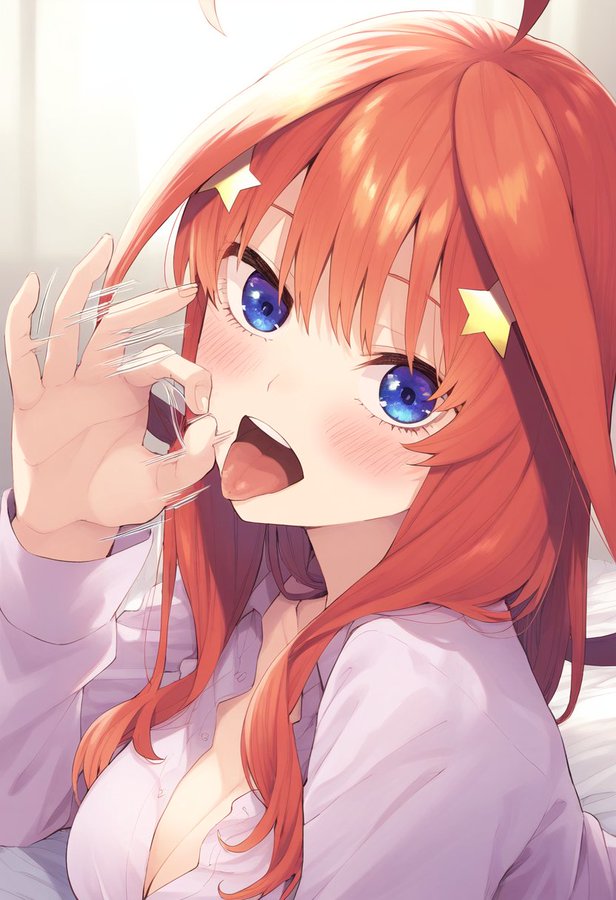 blowjob blue_eyes breasts breasts busty go-toubun_no_hanayome inviting inviting_to_sex nakano_itsuki red_hair teasing