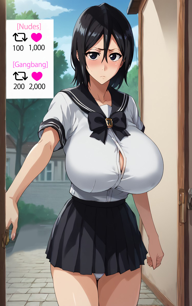 ai_generated big_breasts black_hair bleach breasts female kuchiki_rukia large_breasts medium_hair miniskirt school school_uniform sex_invitation sexually_suggestive short_hair skirt solo uniform