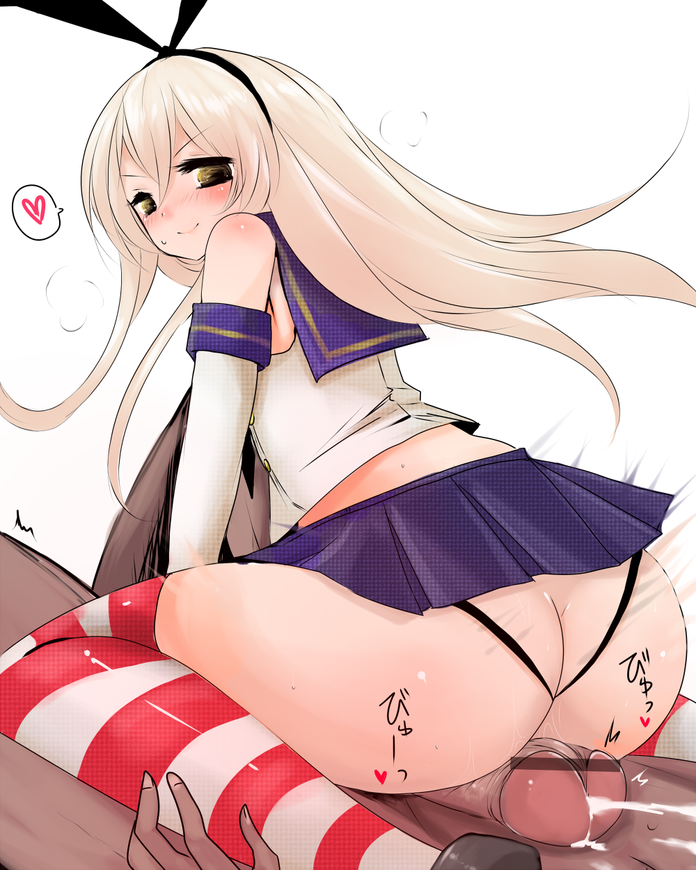 ass big_ass blush buttjob cheeky cum dark-skinned_male femdom han_(jackpot) heart huge_ass kantai_collection miniskirt naughty_face panties penis shimakaze_(kantai_collection) smile striped striped_legwear striped_thighhighs thighhighs thong white_hair