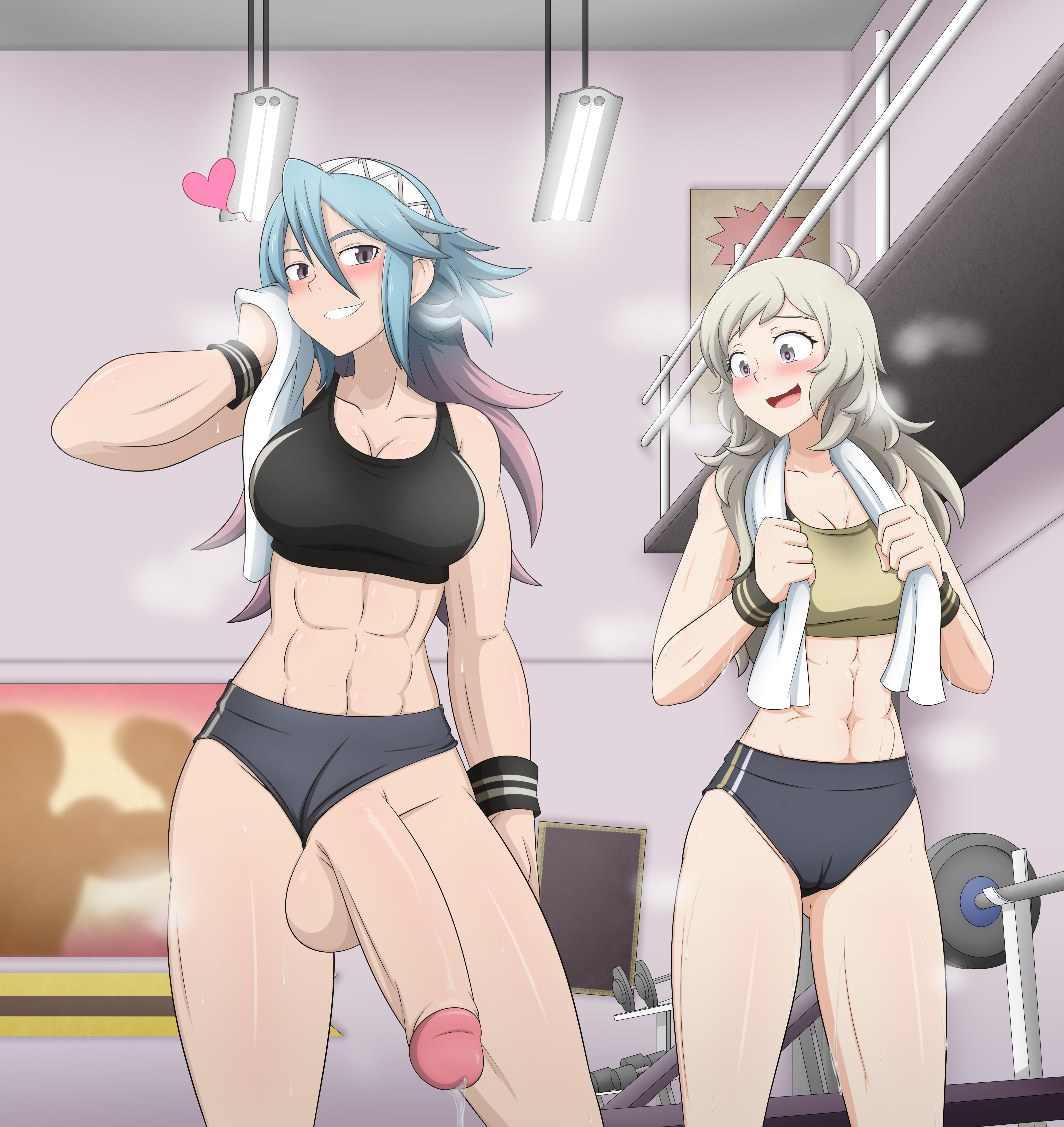1futa, abs, absurdres, alluring, athletic female, bare shoulders, black sports bra, blonde hair, blue hair, blush, buruma, buruma aside, clothing aside, commission, commissioner upload, drooling, dumbbell, female, female abs, fire emblem, fire emblem fates, fit female, futa with female, futanari, gluteal fold, gradient hair, grey eyes, grin, gym, hair between eyes, hair ornament, happy, heart, heart in eye, heavy breathing, highres, huge cock, indoors, intelligent systems, large breasts, long hair, luna xd, medium breasts, multicolored hair, navel, nintendo, open mouth, ophelia (fire emblem), penis, penis awe, pink hair, precum, precum string, shorts, smile, soleil (fire emblem), sports bra, steam, steaming body, sweat, symbol in eye, testicles, toned, toned female, towel, towel around neck, very long hair, wristband