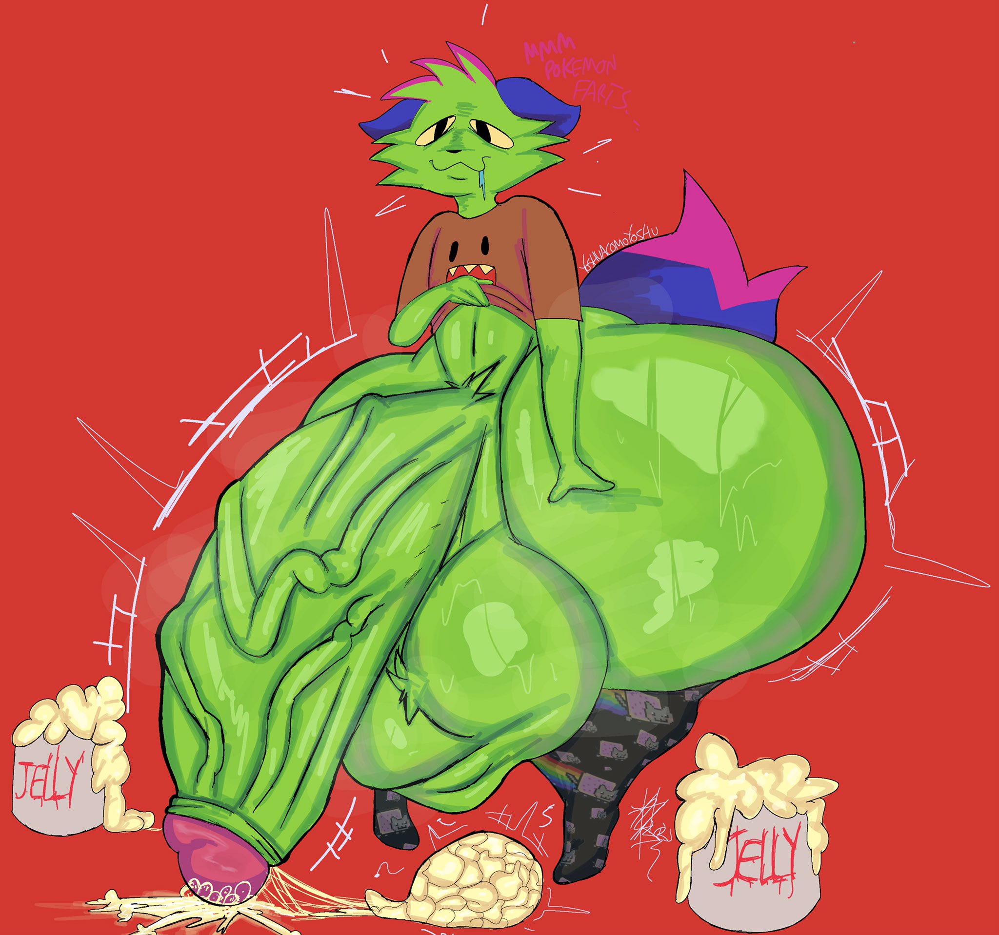 artist name, big butt, big penis, bottomless, bubble ass, bubble butt, bucket of cum, cock, cum, cum drip, cumshot, enormous balls, enormous penis, femboy, furry, green fur, huge thighs, hyper ass, hyper cock, hyper penis, hyper testicles, kevin (nyanwolf), massive penis, musk, musky balls, musky butt, musky cock, nyanwolf, oiled, oiled skin, red background, sketch, smug, thicc, thick thighs, yoshuacomoyoshu