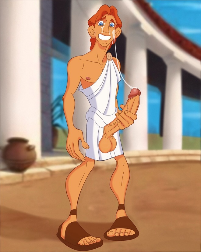 1boy balls balls_out big_penis blue_eyes caught clenched_teeth cum_on_face cum_string disney erect_nipple erection exposed_nipple gninrom hercules_(character) hercules_(disney) holding_penis human human_only large_balls long_penis male male_focus male_only open_toe_shoes orange_hair penis penis_out skinny smile solo solo_male tagme testicles toga veiny_penis