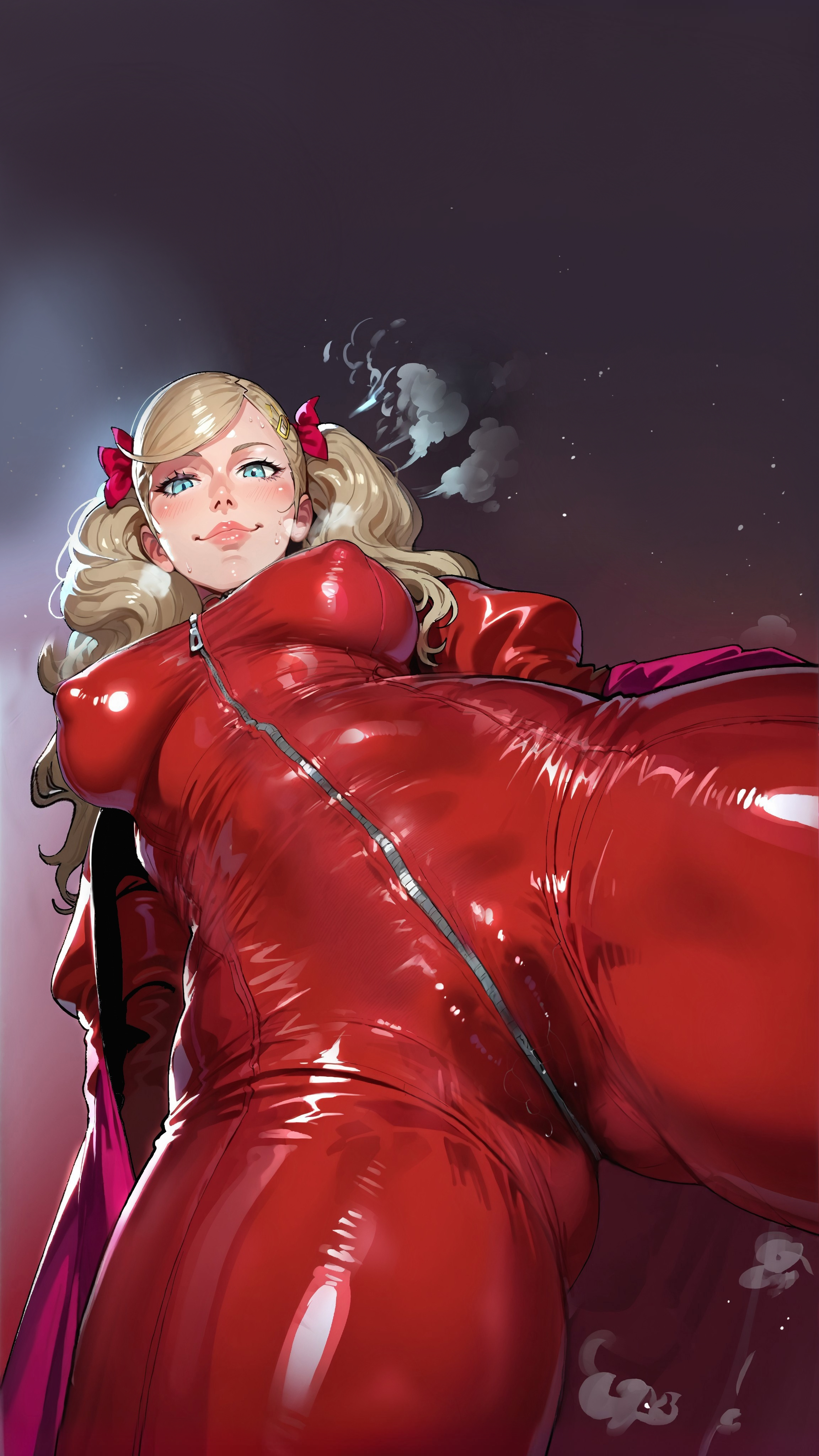 1girls, 2d, ai generated, ann takamaki, big breasts, blonde hair, bodysuit, cameltoe, female, female focus, female only, large breasts, latex, latex bodysuit, latex clothing, latex suit, light skin, light-skinned female, medium breasts, mobile wallpaper, persona, persona 5, red bodysuit, solo, solo female, solo focus, thighs, tight clothing, twintails, waifu4u2, wallpaper