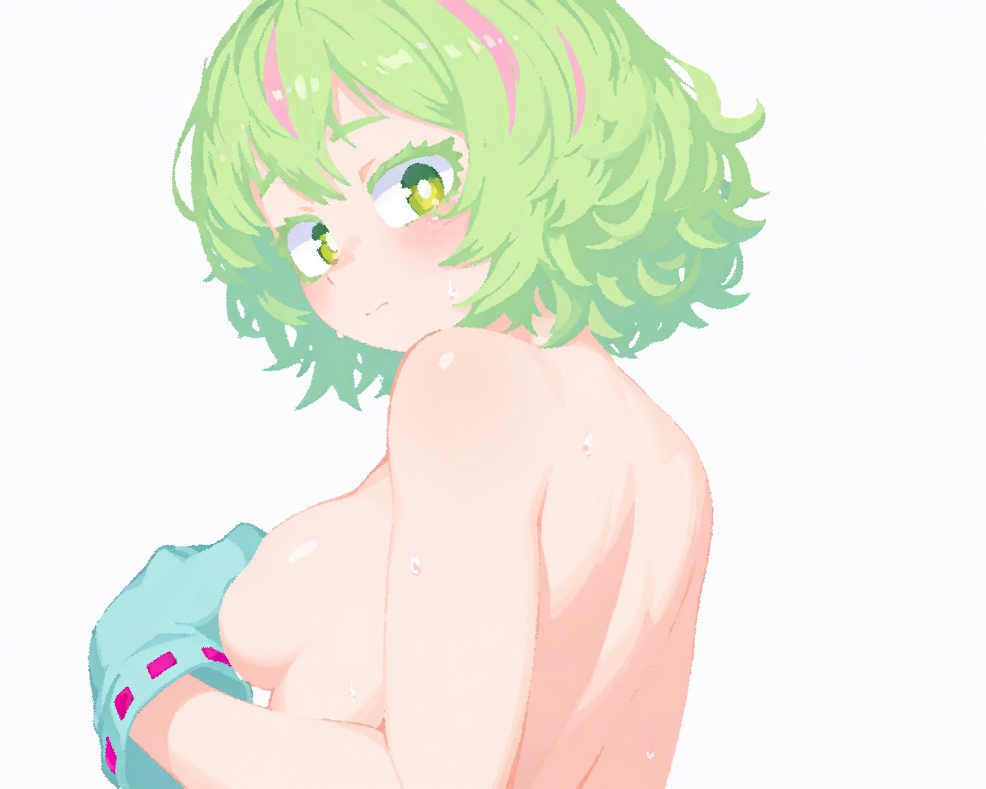 ai assisted, ai generated, back, blue gloves, blush, breasts, closed mouth, colored eyelashes, covering breasts, covering privates, female, from behind, from side, gloves, green eyes, green hair, hagakure tooru (visible), looking at viewer, looking back, looking to the side, medium breasts, multicolored hair, my hero academia, nude, pink hair, rawr69, short hair, sideboob, simple background, solo, streaked hair, sweat, thick eyelashes, tooru hagakure, two-tone hair, upper body, white background, white pupils