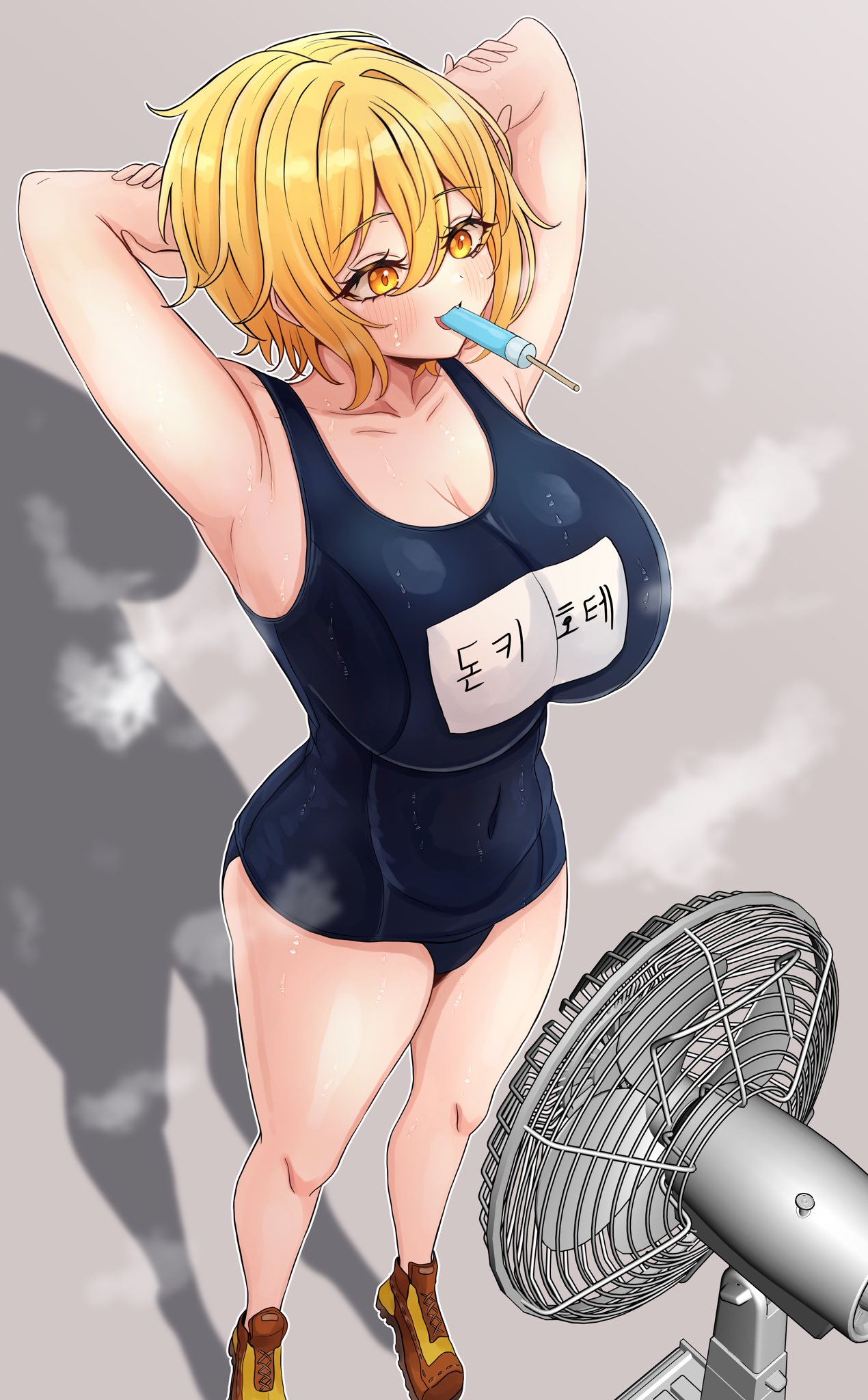 1girls, armpits, arms up, artist request, bbambi, black swimwear, blonde hair, blush, breasts, brown shoes, cooling off, don quixote (limbus company), electric fan, fan, fangs, female, female only, full body, heat, holding, huge breasts, ice cream, large breasts, limbus company, one-piece swimsuit, print shirt, project moon, shadow, shirt, shoes, sleeveless shirt, solo, steam, steaming body, sweat, swimming, swimsuit, swimwear, underwear, white background, yellow eyes