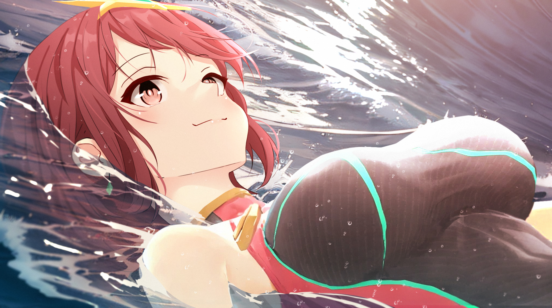 1girl, 1girls, big breasts, breasts, earrings, female, female only, highres, jewelry, large breasts, multicolored swimsuit, one-piece swimsuit, partially submerged, pyra, pyra (pro swimmer) (xenoblade), pyra (xenoblade), red eyes, red hair, sculp2, solo, swimsuit, tiara, upper body, water, xenoblade (series), xenoblade chronicles 2