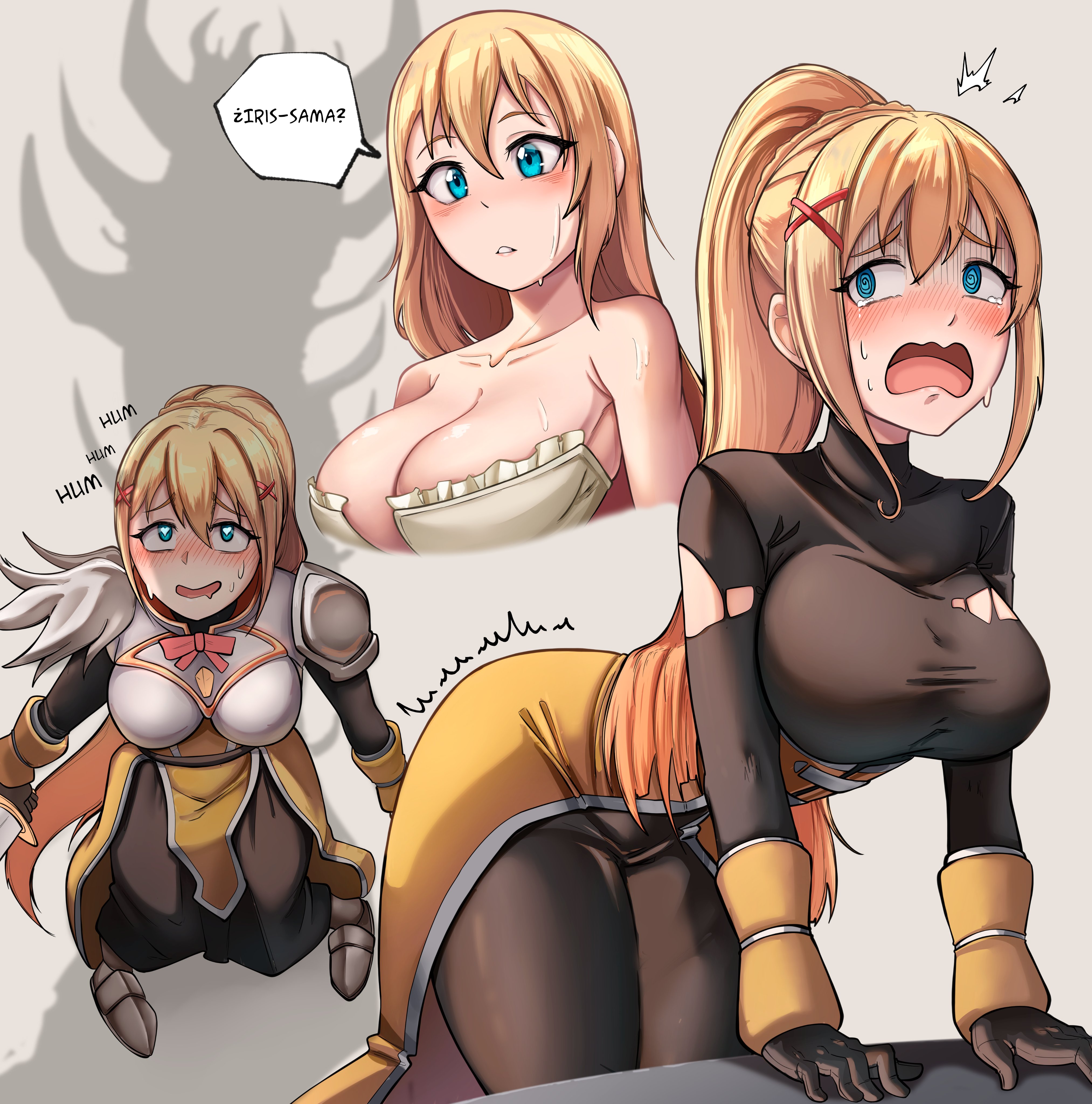 1girls, absurdres, arm support, armor, aroused, bent over, black bodysuit, black gloves, blonde hair, blue eyes, blush, bodysuit, boobplate, breastplate, breasts, choppy bangs, collarbone, commentary, crying, crying with eyes open, darkness (konosuba), dilan griz, female, female only, gloves, grey background, hair between eyes, hair ornament, heart, heart-shaped pupils, highres, kono subarashii sekai ni shukufuku wo!, large breasts, long hair, multiple views, open mouth, parted lips, ponytail, scared, shadow, simple background, smile, speech bubble, sweat, symbol-shaped pupils, tears, torn bodysuit, torn clothes, x hair ornament