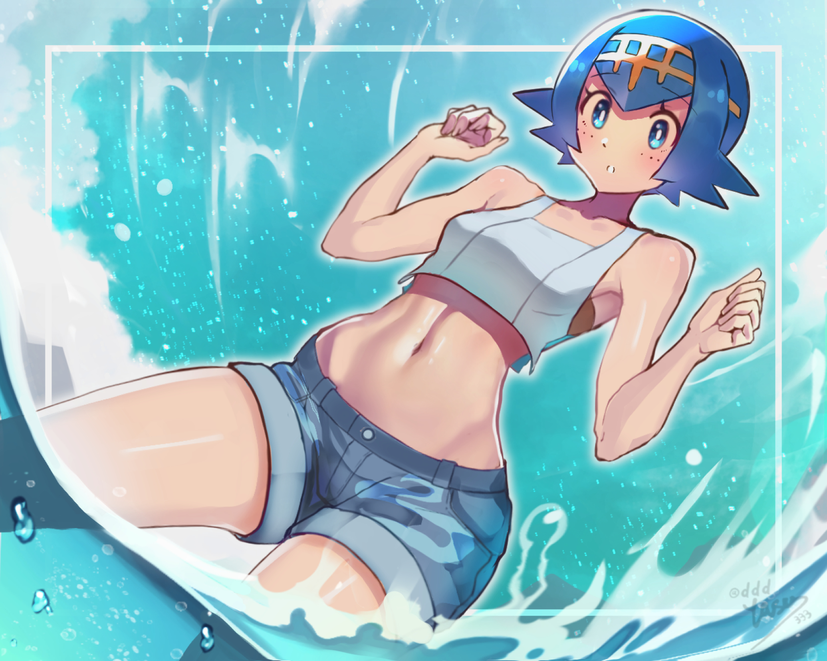 1girls, bare shoulders, blue eyes, blue hair, blue shorts, blue sky, blush, breasts, cosplay, cropped shirt, denim, denim shorts, female, female only, hairband, highres, kasumi (pokemon), lana (pokemon), looking at viewer, midriff, misty (pokemon) (cosplay), navel, nintendo, ocean, outdoors, parted lips, pokemon, pokemon sm, short blue hair, short hair, shorts, sky, small breasts, solo, stomach, tank top, water, white tank top, yasu suupatenin