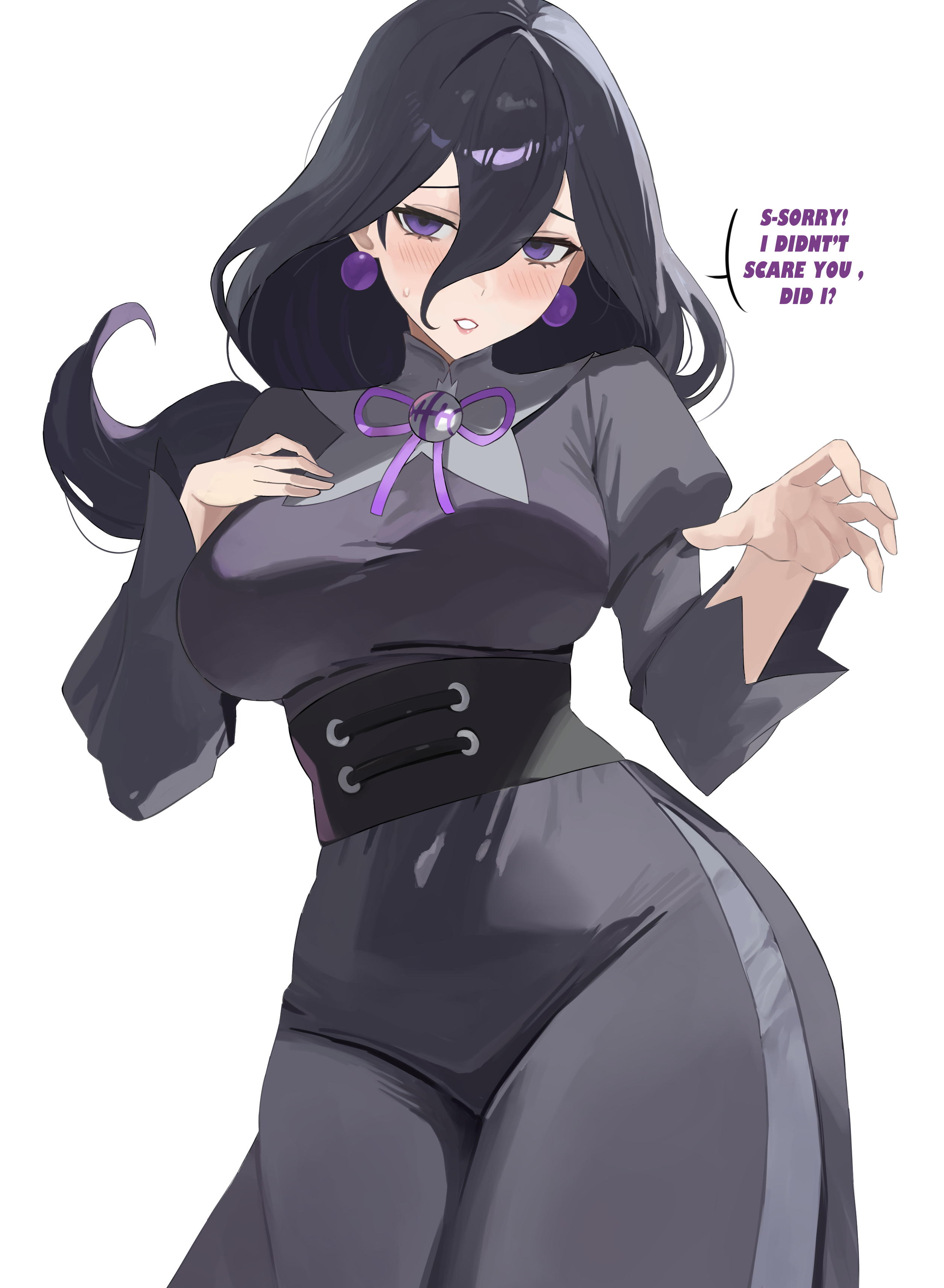 1girls, absurdres, black corset, black dress, black hair, blush, breasts, corset, curvy, dress, earrings, english text, female, female only, hands up, hex maniac, hex maniac (pokemon legends: z-a), highres, jewelry, large breasts, long hair, looking at viewer, low-tied long hair, miko 4013, nintendo, occult maniac, occult maniac (pokemon legends: z-a), occult maniac (pokemon), occult maniac (z-a), parted lips, pearl earrings, pokemon, pokemon legends: z-a, puffy sleeves, purple eyes, simple background, solo, taut clothes, taut dress, white background