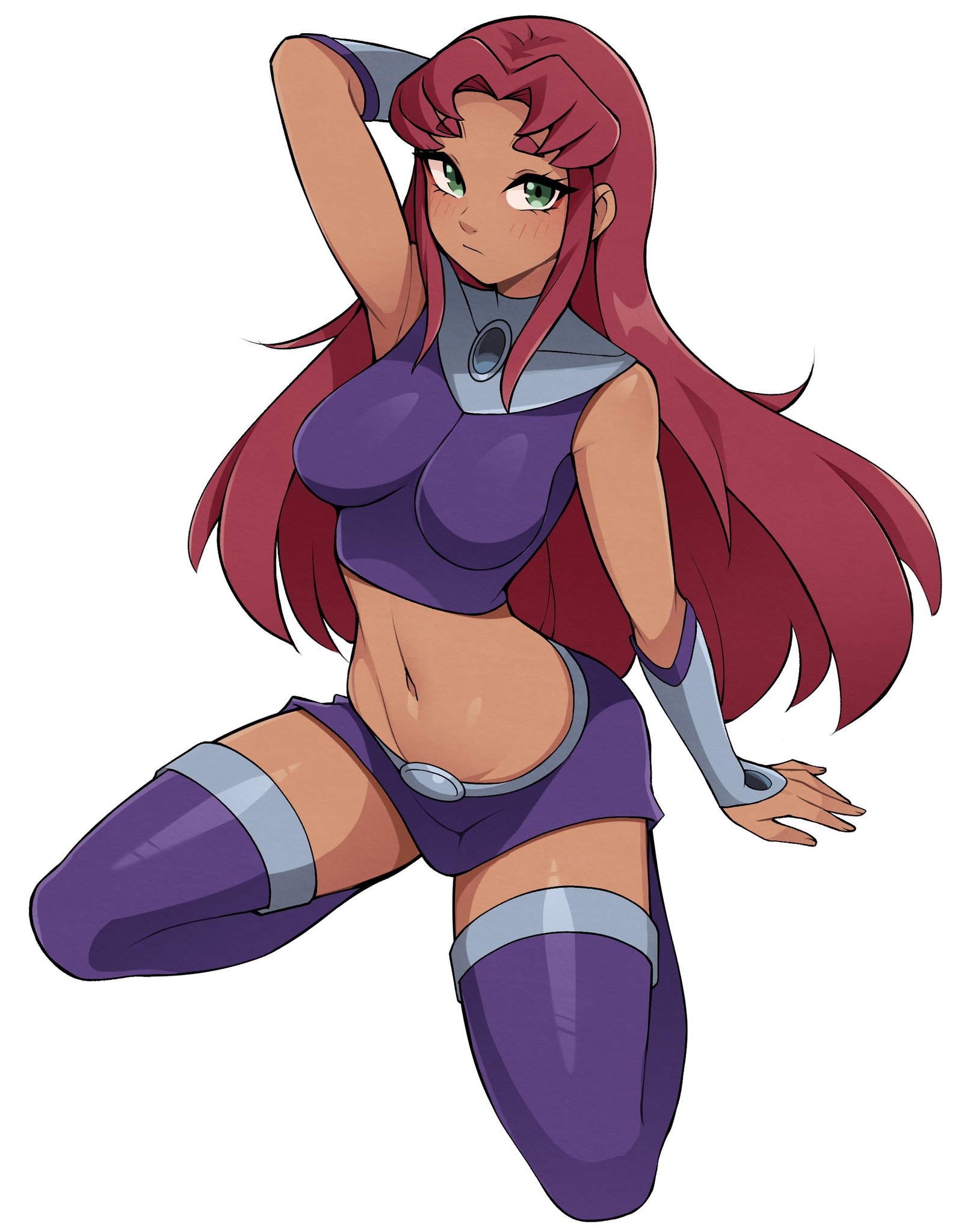 1girls, 2025, 2d, 2d (artwork), arm behind head, arm up, boots, breasts, commentary, dark skin, dark-skinned female, dc, dc comics, english commentary, expressionless, female, female only, furrowed brow, green eyes, highres, long hair, looking at viewer, midriff, navel, oninuer, pinup, purple boots, purple skirt, purple tank top, questionable, realistic proportions, red hair, sfw, simple background, skirt, solo, solo female, starfire, straight hair, superhero costume, superheroine, tamaranean, tan skin, tan-skinned female, tank top, teen titans, thick eyebrows, thighhighs, white background
