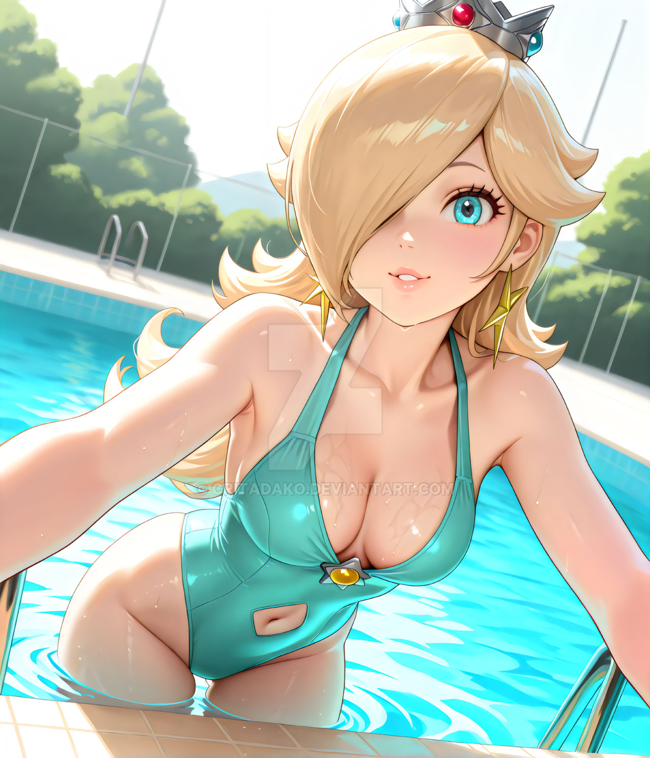 2025, ai generated, belly hole, belly visible through clothing, black dot eyes, blonde female, blonde-haired female, blue eyes female, blue swimsuit, brown eyebrows, critadako, deviantart, female only, getting out of pool, holding viewer, looking at viewer, mario (series), nintendo, one eye covered, orange lips, pool background, princess rosalina, silver crown, smile at viewer, smiling at viewer, standing on pool, star earrings, super mario bros., wet body, wet head