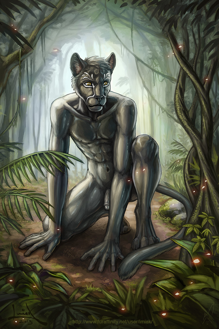 abs anthro feline illustration imiak jungle kneeling male markings muscles nude panther pecs penis vegetation vines yellow_eyes