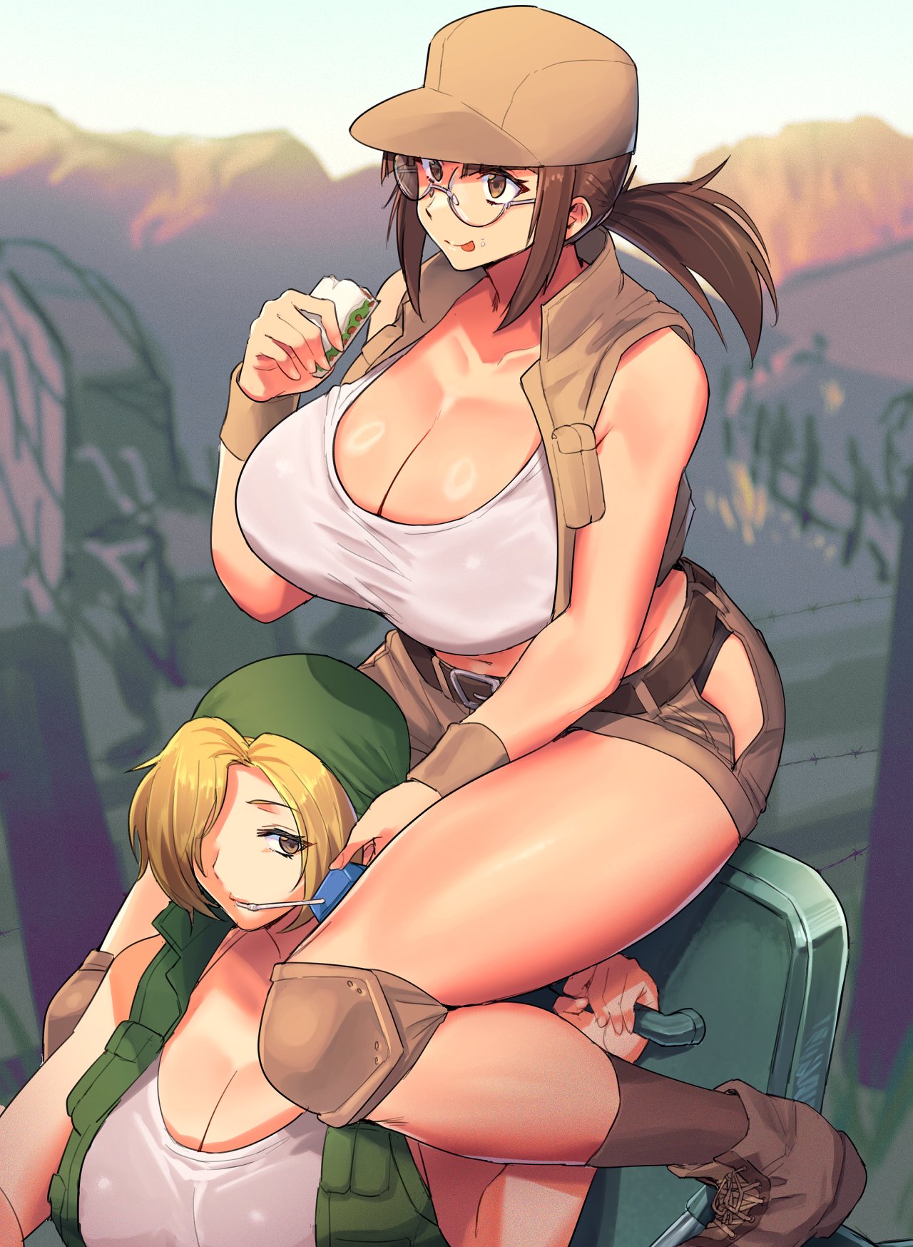 2girls, bandana, belt, black belt, blonde hair, blurry, blurry background, boots, breasts, brown eyes, brown hair, brown hat, brown shorts, brown vest, cleavage, clothing cutout, commentary request, crop top, eating, female, female only, field cap, fio germi, food, glasses, green bandana, green vest, hat, highres, hip vent, huge breasts, juice box, kasamoto eri, knee pads, load bearing vest, madsensei, metal slug, multiple girls, navel, open clothes, open vest, outdoors, round eyewear, sandwich, shorts, sidelocks, sitting, sleeveless vest, tongue, tongue out, utility vest, vest