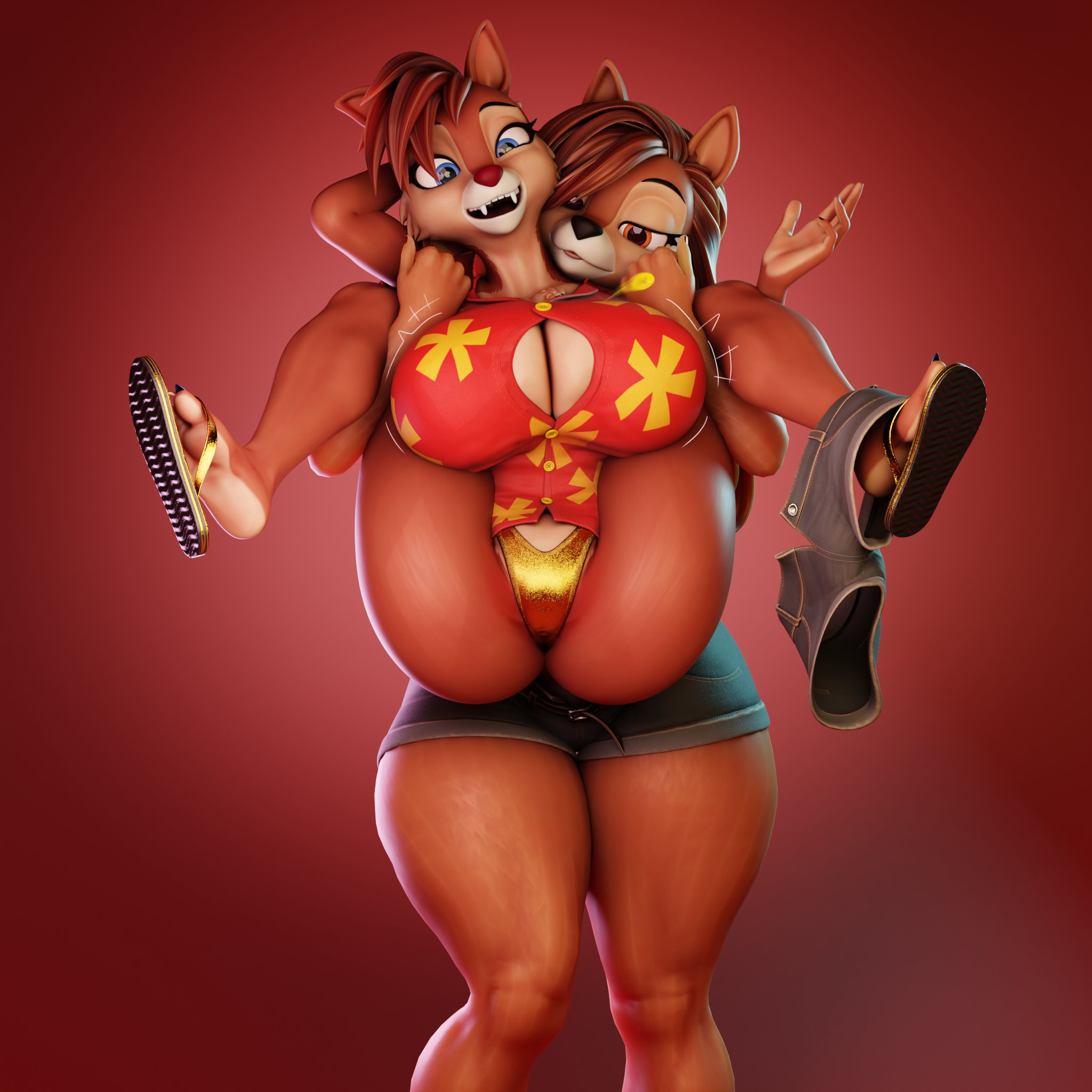 2025, 2girls, 3d, 3d (artwork), 4 toes, 5 fingers, animal ears, anthro, anthro female, ass, ass focus, back view, big breasts, blender, blender (artwork), blender (software), blue eyes, boots, bottomwear, breasts, brown body, brown eyes, brown hair, butt focus, carrying another, cheek tuft, chest tuft, chip, chip (disney), chip (mayosplash), chip 'n dale rescue rangers, chipmunk, claws, cleavage, closed mouth, clothed, clothed female, clothing, dale, dale (disney), dale (mayosplash), digital media (artwork), disney, duo, english description, facial tuft, female, female anthro, female only, female/female, finger claws, fingers, footwear, full nelson, fur, furry, furry female, gold panties, golden panties, ground squirrel, hair, hand on leg, hand on thigh, hi res, horny, horny female, humanoid, jean shorts, lifting another, long hair, looking at viewer, looking back, mammal, mammal humanoid, mtf crossgender, multicolored hair, open mouth, outside, panties around one leg, paws, pose, presenting, presenting hindquarters, rear view, red background, red nose, rodent, rule 63, sandals, sciurid, seductive, shoes, shorts, simple background, skirt, slippers, smile, squirrel, standing, thick thighs, toe claws, toes, topwear, tuft, underwear, vllrukkin, voluptuous, voluptuous female