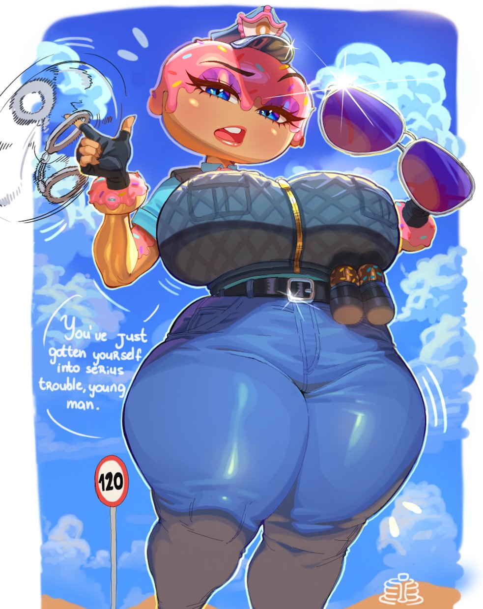 1girls, blocky body, blue eyes, breasts, constable sprinkle, female, food creature, fortnite, huge breasts, looking at viewer, looking down at viewer, pankekes, police, police uniform, solo, solo female