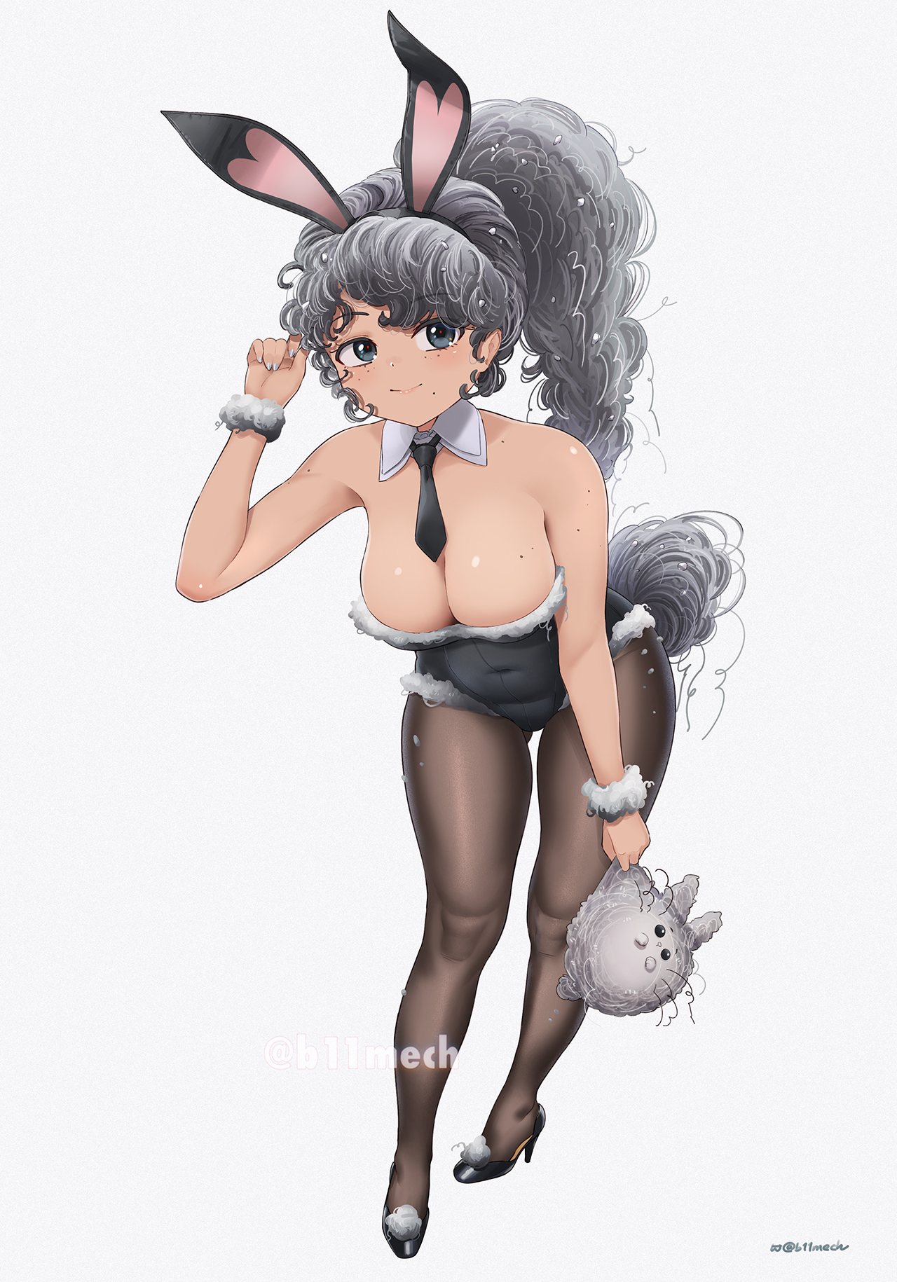 beleven, big breasts, bunny ears, bunnysuit, curvy, curvy female, date everything, dolly (date everything), female, female only, freckles, fully clothed, gray hair, high heels, light skin, light-skinned female, pose, tie