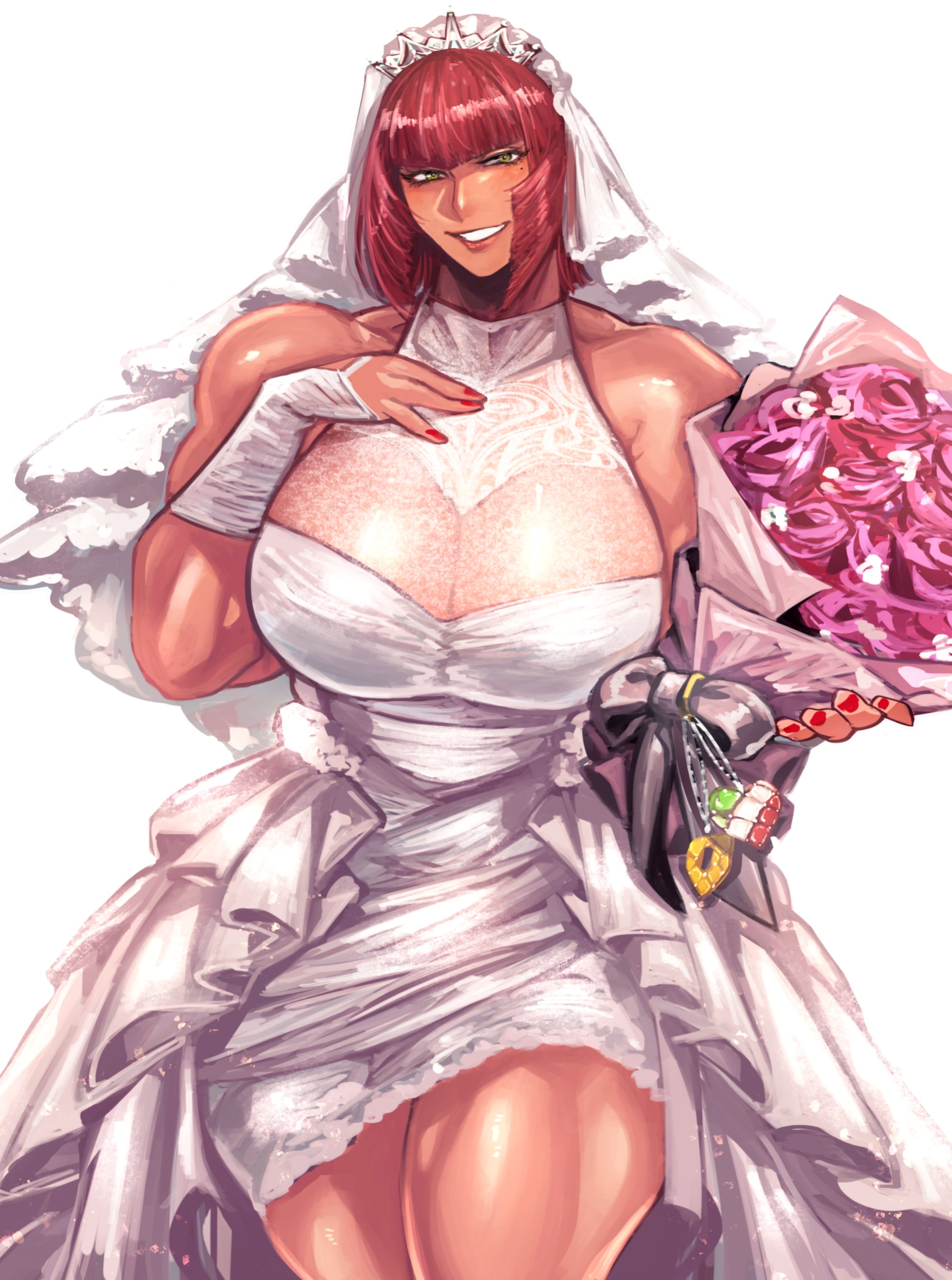 2d, bare shoulders, biceps, big breasts, blunt bangs, bouquet, bow, breasts, bridal gauntlets, bridal veil, bride, busty, cleavage, clothing, dark skin, dark-skinned female, dress, female, female focus, female only, flower, gloves, green eyes, grin, hand on own chest, headdress, headwear, holding, holding bouquet, hourglass figure, huge breasts, jewelry, lace, lace trim, lace-trimmed dress, large breasts, looking at viewer, makeup, marisa rossetti, mole, muscular, muscular female, nail polish, necklace, red hair, red nails, ring, see-through, short hair, simple background, smile, solo, street fighter, street fighter 6, tan, thick thighs, thighs, veil, wedding dress, white background, white dress, wide hips, zmnjo1440