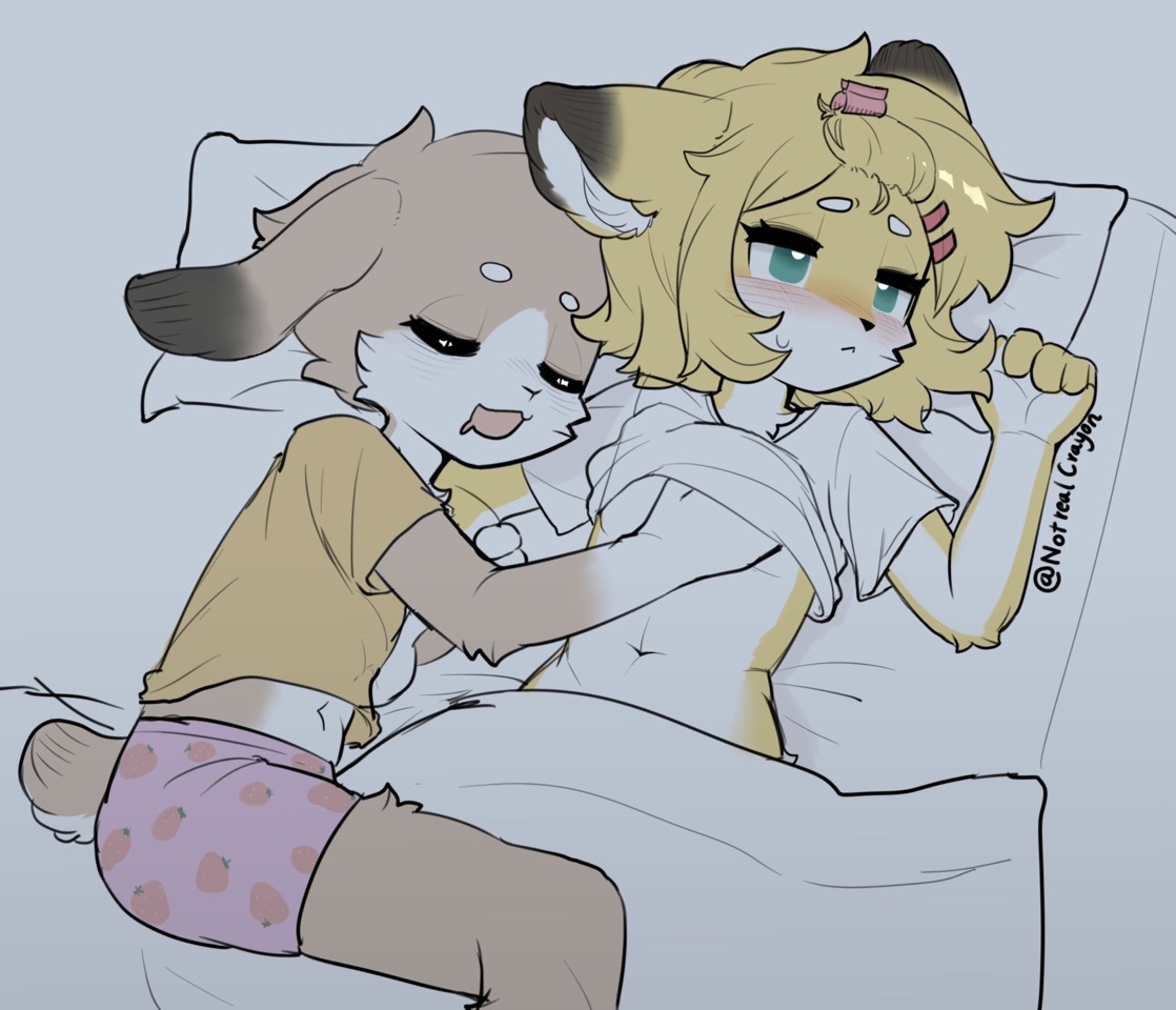 blush, closed eyes, clothed, crayon (artist), grabbing breasts, open mouth, sleeping, touching, touching breast, underwear
