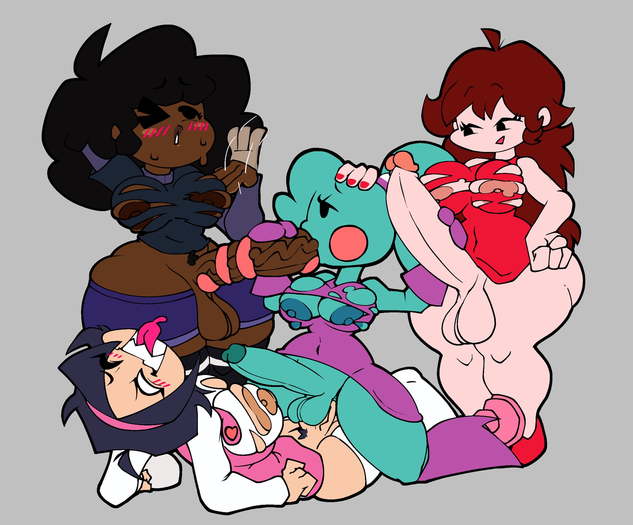 4futas, alternate version available, anal sex, asian, balls, big ass, big penis, biting own tongue, blowjob, blue body, blush, bottomless, breasts, breasts peeking out of shirt, carol (bbpanzu), clothed, clothed sex, clothes too small, clothing, dark nipples, dark-skinned futa, dress, erection, fellatio, foursome, friday night funkin, futa mommy gf, futa on futa, futa only, futanari, girlfriend (friday night funkin), huge cock, human, humanoid, humanoid penis, hung bottom, jerking, jerking off another, jerking while penetrated, kccatboi2002, light skin, mostly nude, nene (newgrounds), newgrounds, nipples peek, oral, orgy sex, pale skinned futa, pants down, partially clothed, penis, ripped clothing, sex, sharp teeth, smiling, sweating, thick thighs, tongue around penis, tongue out, tongue out blowjob, tonguejob, veiny penis, wide hips