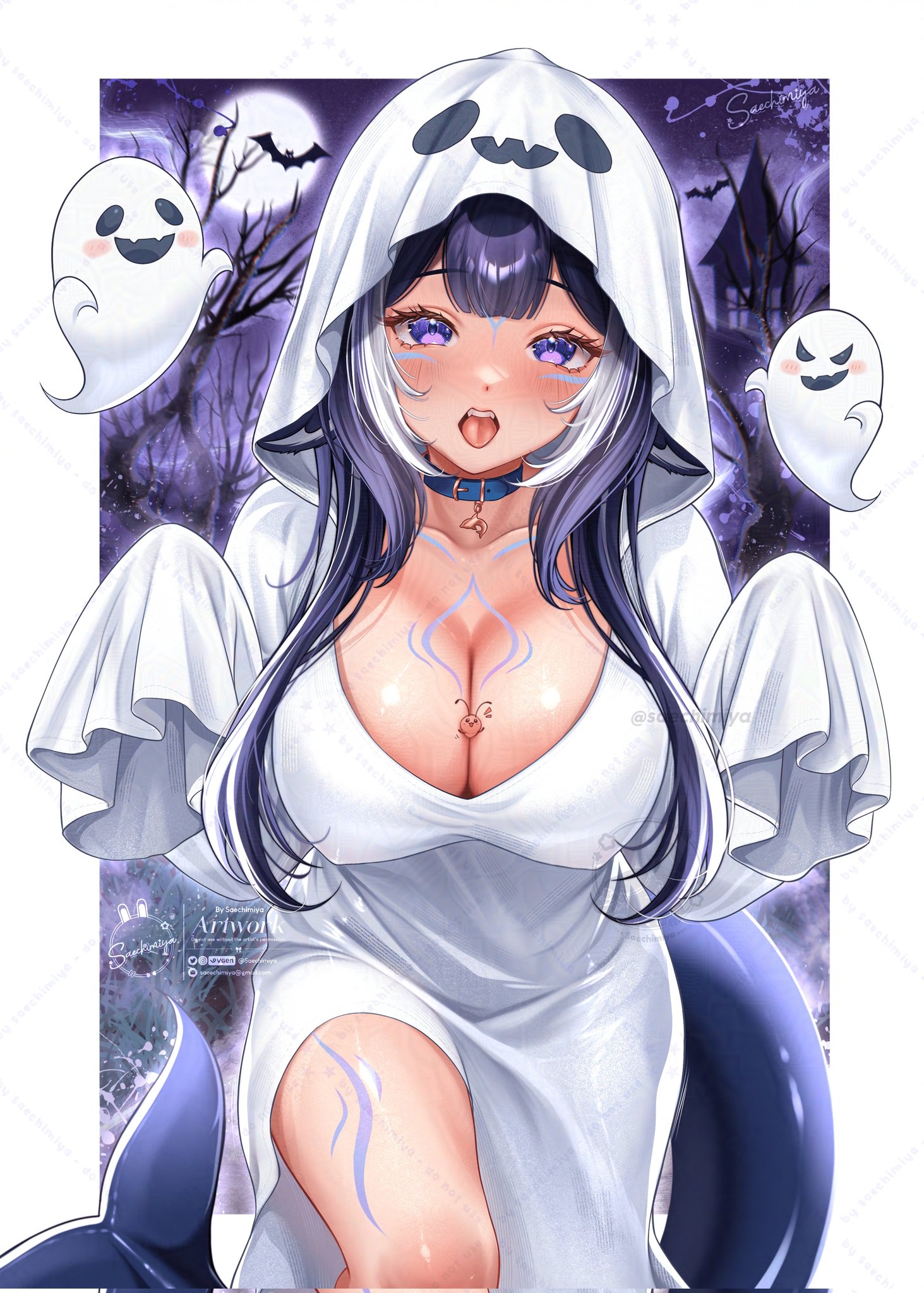 1female, 1girls, bang, blue eyes, blue hair, breasts, double-parted bangs, female focus, female only, ghost, ghost costume, large breasts, large tail, shylily, tail, virtual youtuber, vtuber, watermark, whale girl, whale tail, wide hips