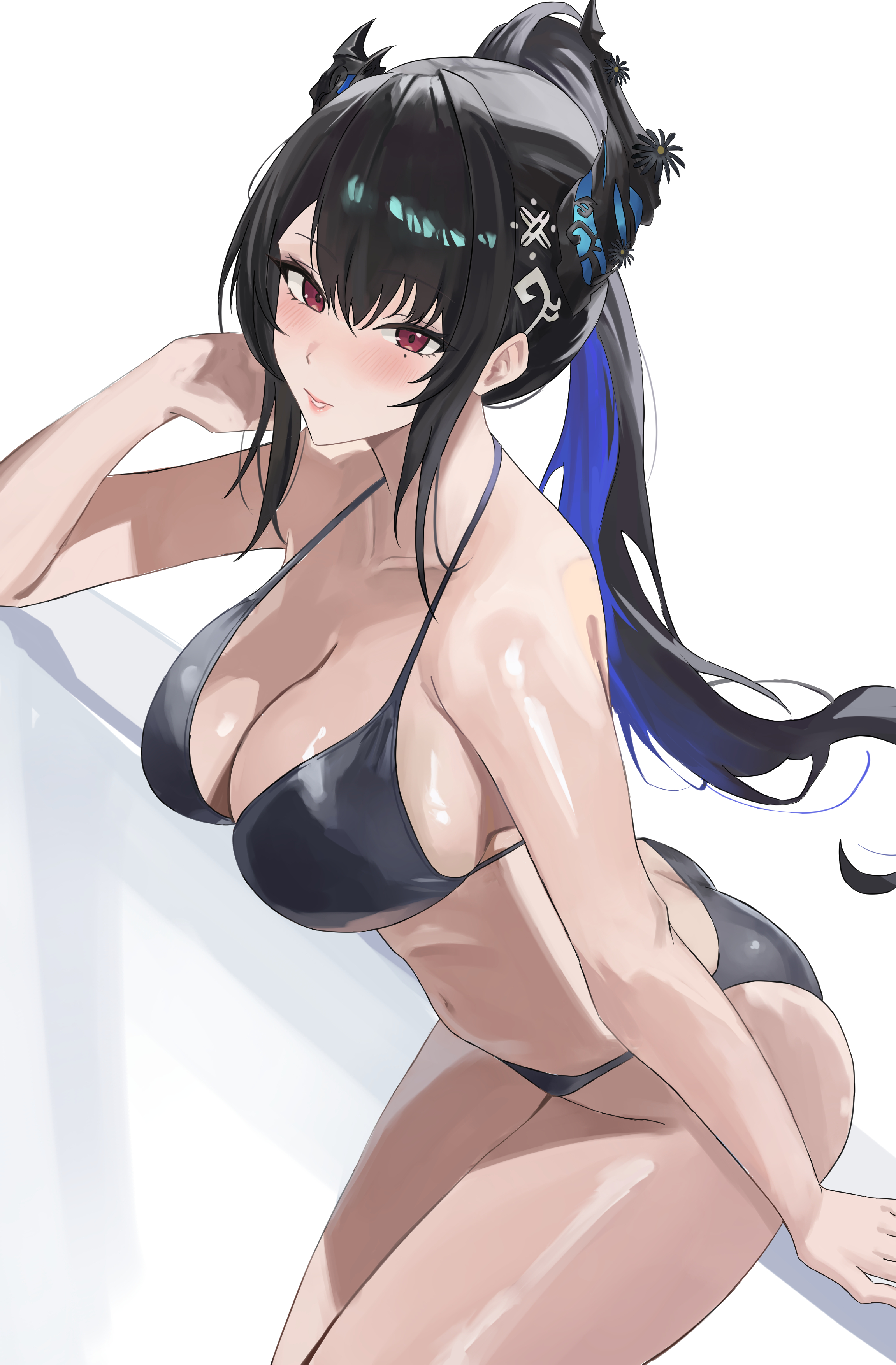 1girls, absurdres, asymmetrical horns, bikini, black bikini, black hair, black horns, blue hair, breasts, cleavage, female, female only, high ponytail, highres, hololive, hololive english, hololive english -advent-, horns, large breasts, miko 4013, mole, mole under eye, multicolored hair, nerissa ravencroft, ponytail, purple eyes, simple background, solo, swimsuit, two-tone hair, uneven horns, virtual youtuber, white background
