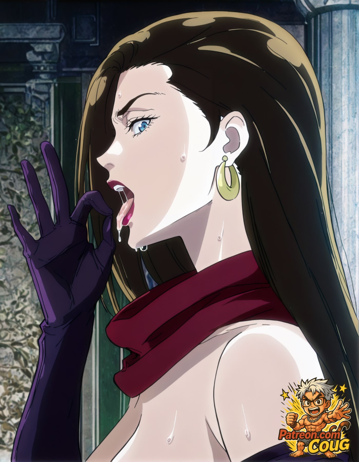 1girls, ai assisted, ai generated, battle tendency, blowjob gesture, brown hair, coug, fellatio gesture, female, female only, hair, jojo's bizarre adventure, light skin, light-skinned female, lisa lisa, long hair, stable diffusion, suggestive, suggestive gesture, suggestive look
