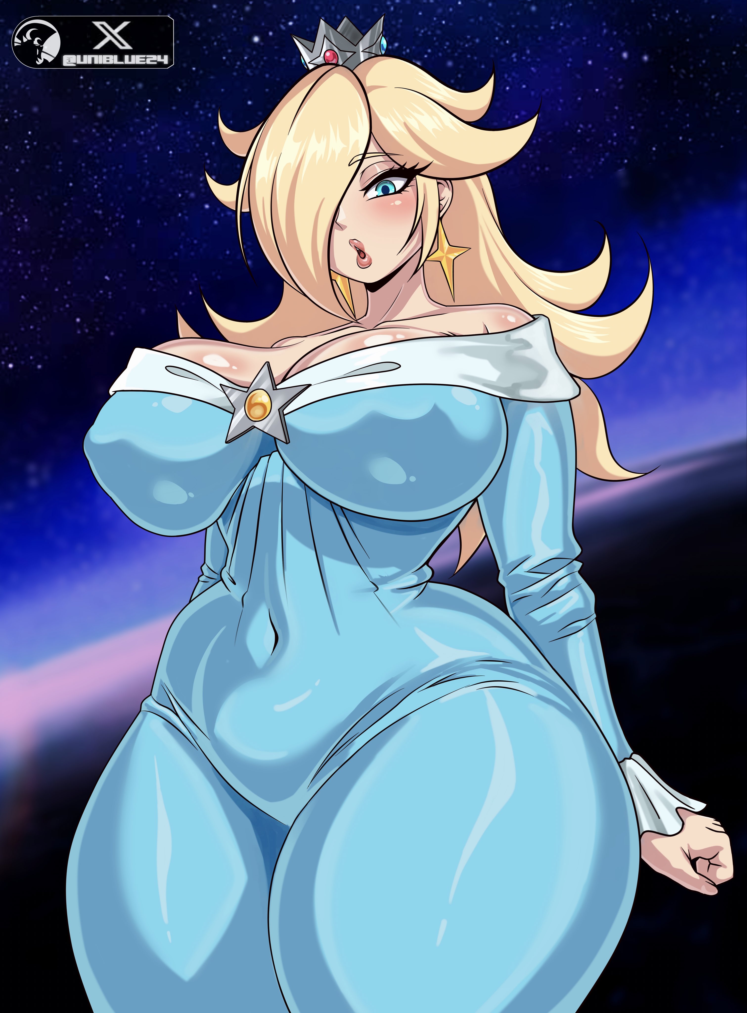 1girls, breasts, cleavage, dress, female, female focus, female only, large breasts, light skin, light-skinned female, looking at viewer, mario (series), princess rosalina, solo, thick thighs, thighs, tight dress, tight fit, uniblue24, wide hips