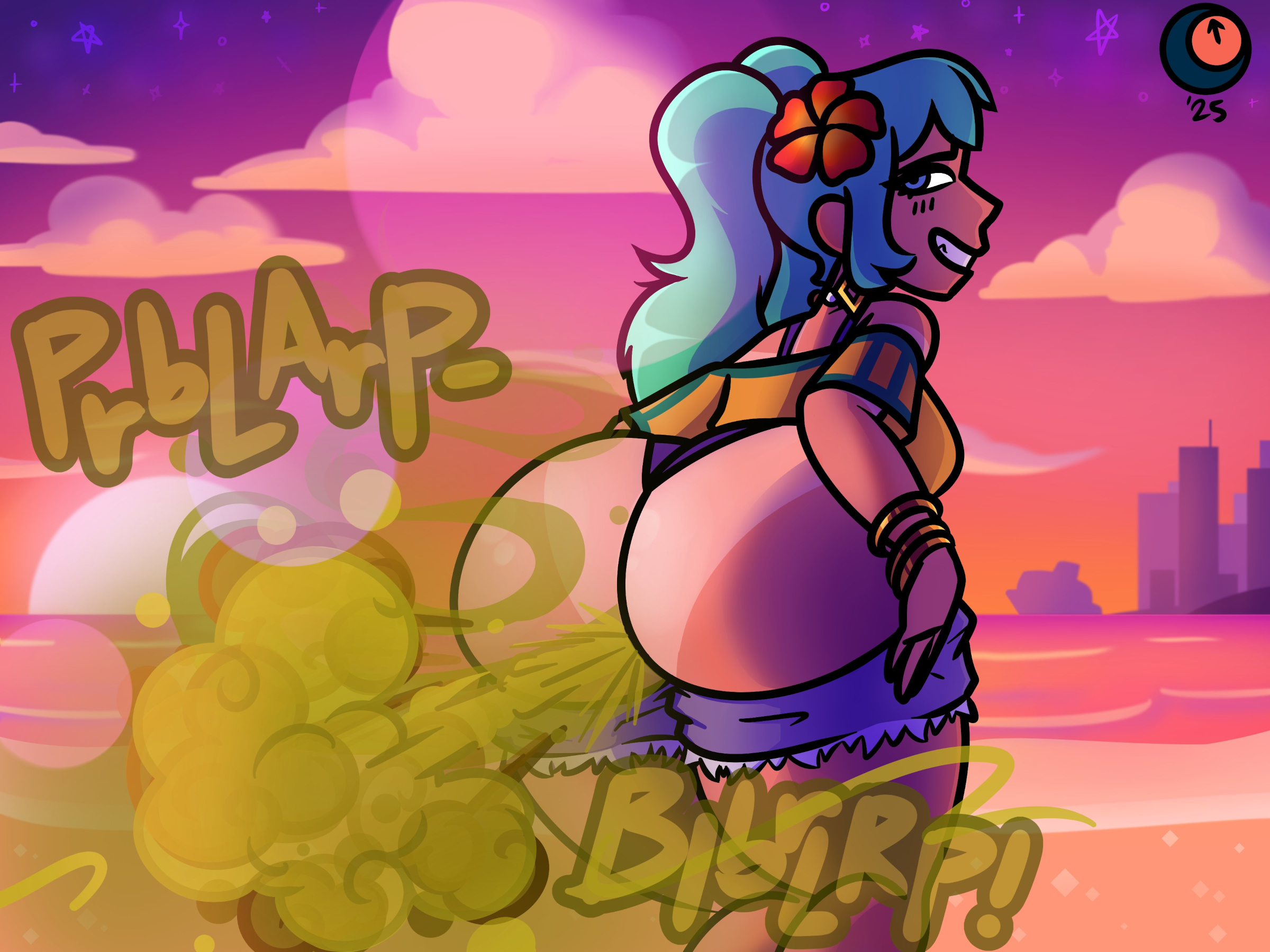 1girl, aqua hair, ass, ass support, beach, big ass, blue eyes, blue hair, bracelet, brazilian miku, breasts, clothes pull, cutoffs, dark skin, denim shorts, earrings, english text, fart, fart cloud, fart fetish, farting, fat ass, flower, from behind, grin, hair flower, hair ornament, hatsune miku, hibiscus, hoop earrings, jewelry, long hair, looking back, mystmiasmic, naughty face, panties, shorts, shorts pull, sky, smile, solo, sunset, tan body, tan lines, thong, twintails, underwear, vocaloid
