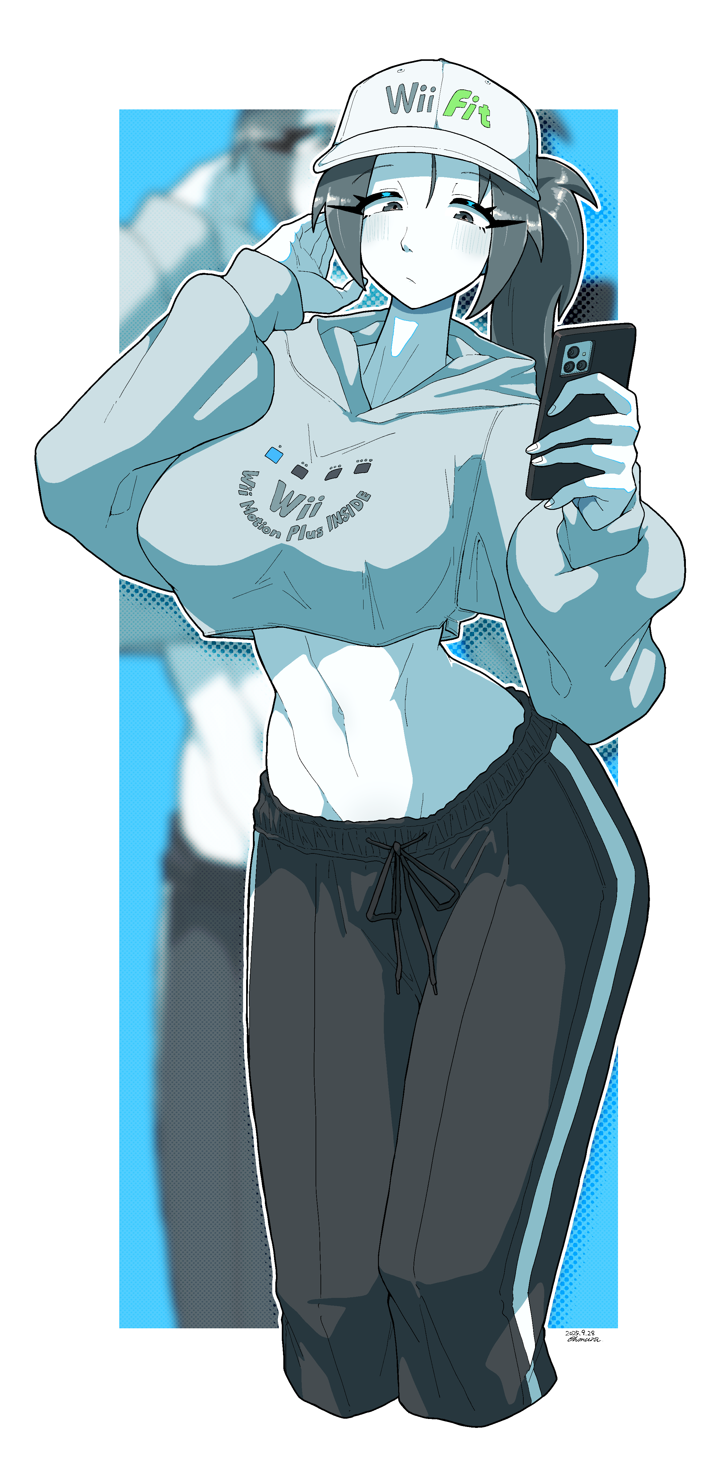 1girls, abs, baseball cap, black pants, blue eyes, blush, breasts, cellphone, colored skin, crop top, crop top overhang, cropped hoodie, cropped legs, cropped shirt, drawstring, female, grey hoodie, hat, holding, holding phone, hood, hood down, hoodie, large breasts, long hair, long sleeves, looking at viewer, midriff, muscular, muscular female, navel, nintendo, ohmura denki, pants, phone, ponytail, smartphone, solo, sweatpants, toned, track pants, white skin, wii fit, wii fit trainer, wii fit trainer (female), zoom layer