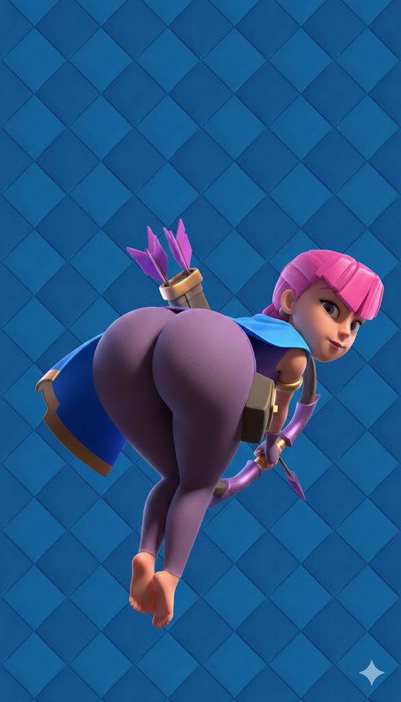 3d, ai generated, ass, ass focus, big ass, big butt, bow, clash (series), clash royale, evolution archer (clash royale), fat ass, fat butt, female, female focus, female only, huge ass, huge butt, lipstick, massive ass, massive butt, phat ass, pink hair, purple eyes, short hair