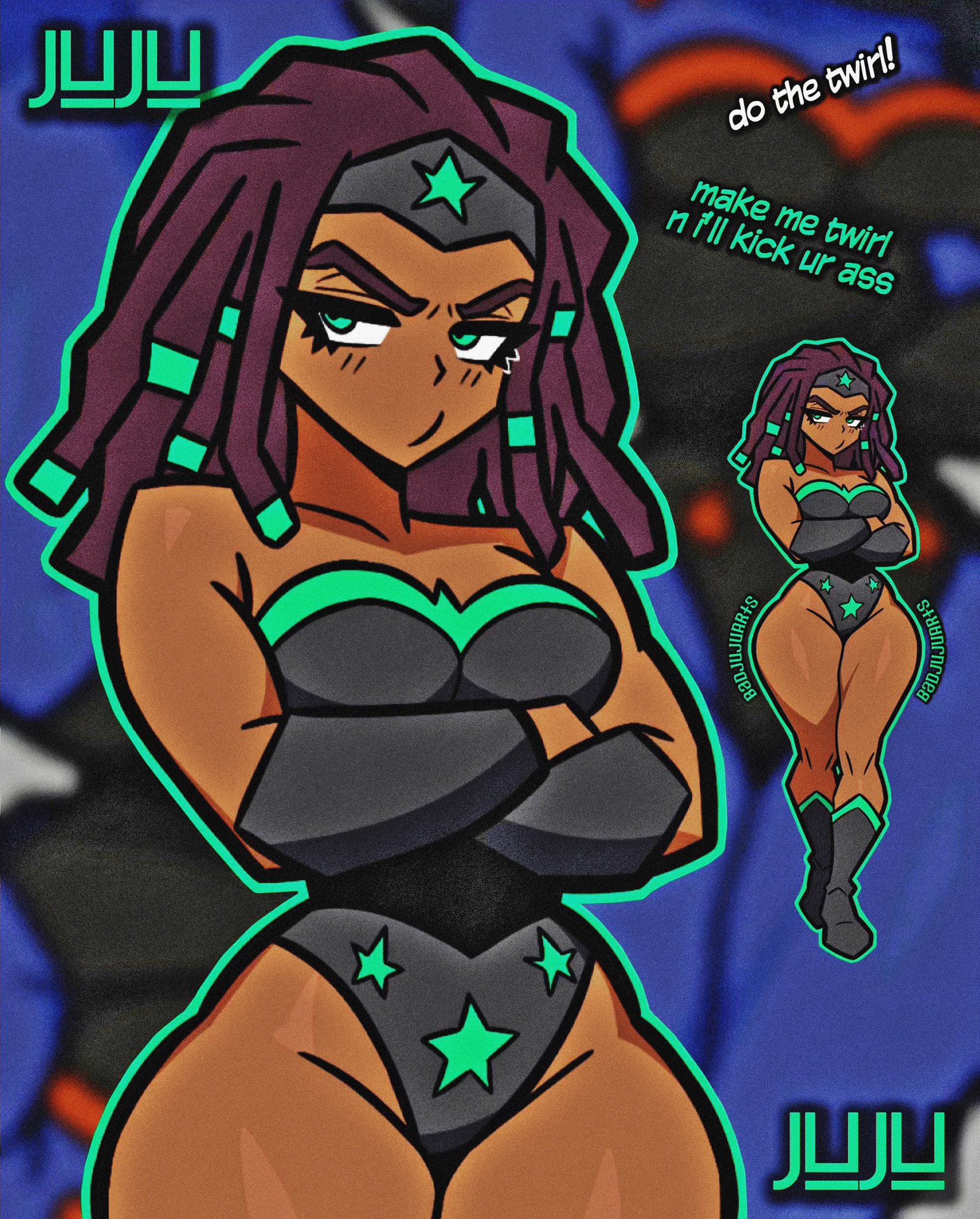 1girls, arms crossed, artist name, badjujuarts, black and green, blush lines, blushing, boots, bracelet, brown hair, cosplay, costume, crossed arms, dark skin, dark-skinned female, dc, dc comics, dialogue, dreadlocks, embarrassed, english, english text, eyelashes, eyelashes visible through hair, female, female only, green eyes, hourglass figure, leotard, nervous, original, rox (badjujuarts), shiny, shiny skin, solo, solo focus, tagme, text, thick, thick thighs, thighs, tiara, wide hips, wonder woman (cosplay)