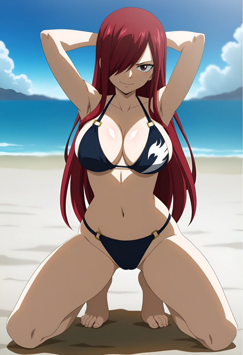1girls, ai generated, bikini, black bikini, clothed, clothed female, duderu vanilla, erza scarlet, fairy tail, female, female only, hair over one eye, halter bikini, halterneck, hands behind head, kneeling, red hair, red-haired female, solo