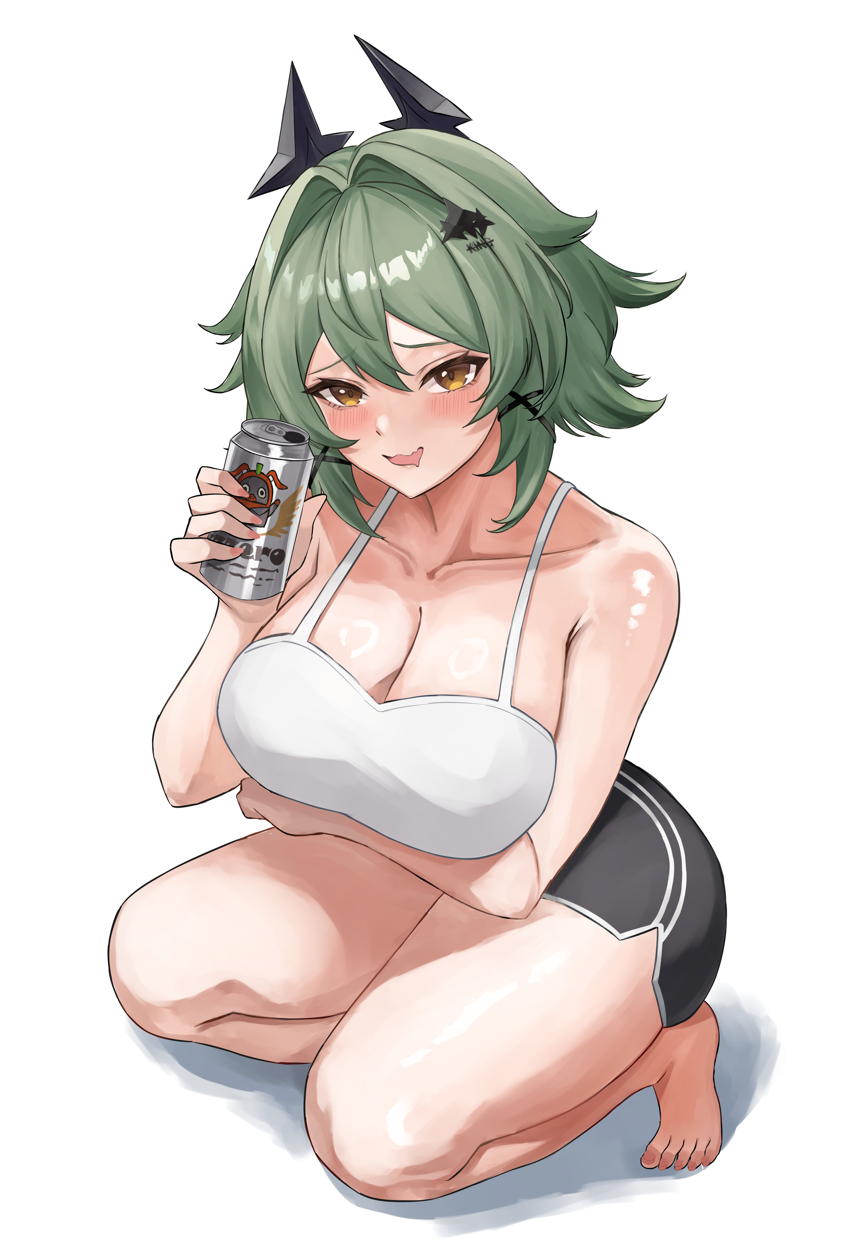 1girls, absurdres, bare legs, bare shoulders, barefoot, black horns, black shorts, breasts, caesar king, caesar king (zenless zone zero), camisole, can, cleavage, collarbone, dolphin shorts, feet, female, female only, green hair, hair between eyes, hair intakes, highres, holding, holding can, horns, large breasts, legs, miko 4013, open mouth, orange eyes, short hair, shorts, solo, squatting, toes, white background, white camisole, zenless zone zero