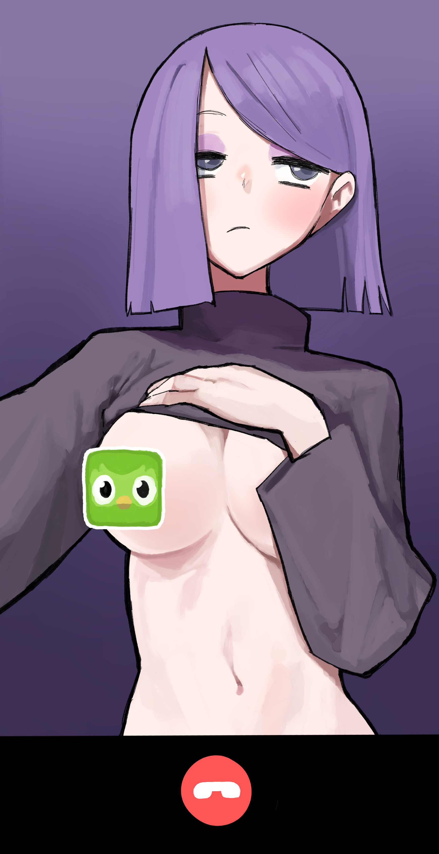 1girls, absurdres, blush, breasts, duo (duolingo), duolingo, eyeshadow, female, female only, frown, grey eyes, grey sweater, highres, huge breasts, lily (duolingo), looking to the side, makeup, medium breasts, purple eyeshadow, purple hair, short hair, sweater, viewfinder, yakedo ni chuui