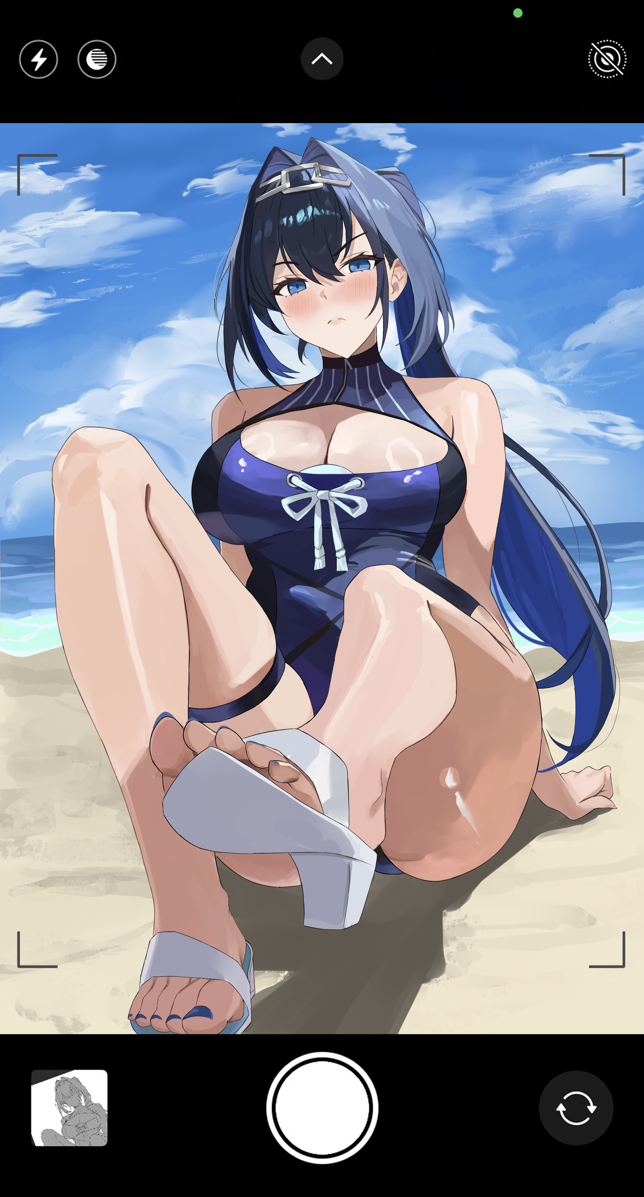 1girls, absurdres, beach, blue eyes, blue hair, blue nails, blue one-piece swimsuit, blue sky, breasts, cleavage, cloud, commentary, day, feet, female, female only, full body, head chain, highres, hololive, hololive english, jewelry, large breasts, long hair, miko 4013, nail polish, one-piece swimsuit, ouro kronii, ouro kronii (holonatsu paradise), outdoors, sandals, shoe soles, sitting, sky, soles, solo, swimsuit, thigh strap, thighs, toenail polish, toenails, toes, very long hair, virtual youtuber